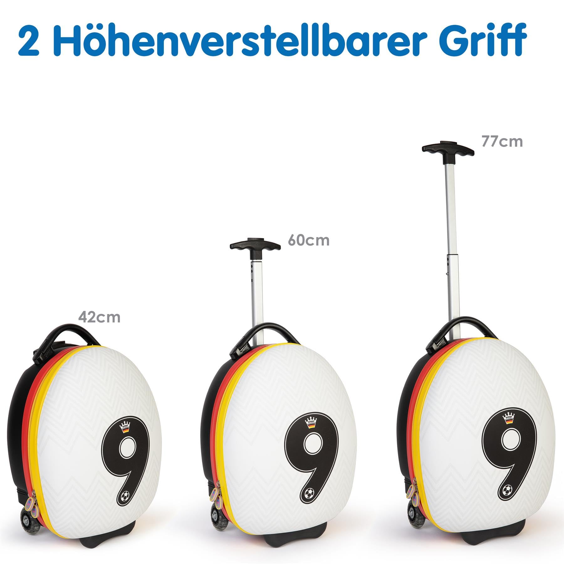boppi Tiny Trekker Kinderkoffer mit Rollen 17L | Leichter Reisetrolley für Kinder Handgepäck Größe | Fußball Deutschland Design mit Stickern | Kinder Reisekoffer WM 2026 Weltmeisterschaft Fan Koffer