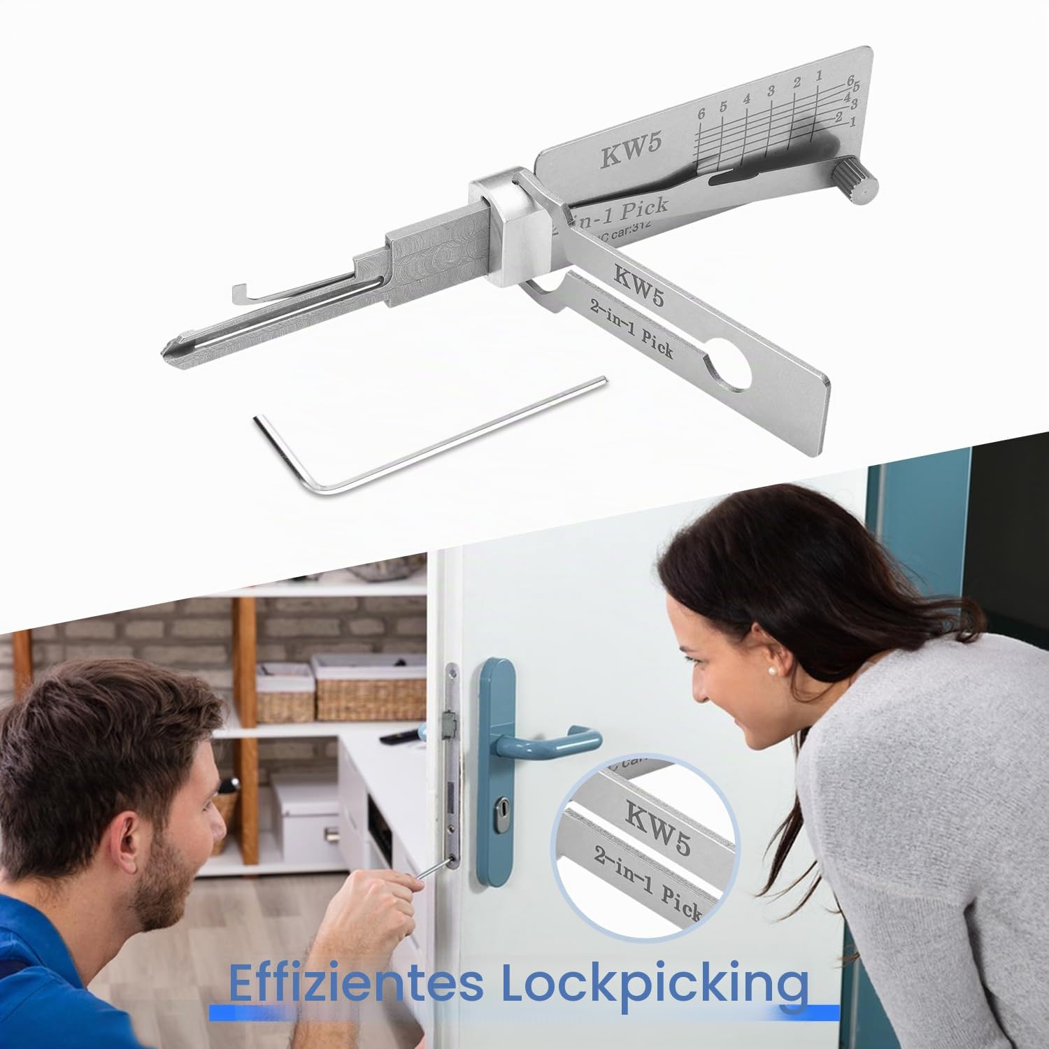 Kw5 2-in-1 Dietrich- und Decoder-Werkzeug, Eisen-Master-Schlüssel-Decoder, professionelles Schlosser-Werkzeug, Autoschlüssel-Lesegerät, Edelstahl-Auto-Lock-Picking-Kit für Anfänger