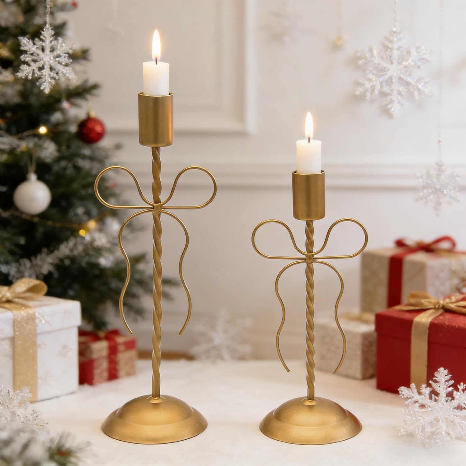 2 Sets Gold Candlestick Holders Taper Candle Holders, Vintage Brass Tall Candlesticks with Bows for Fireplace Wedding Mother's Day Birthday Party Tables Centerpieces Decorations