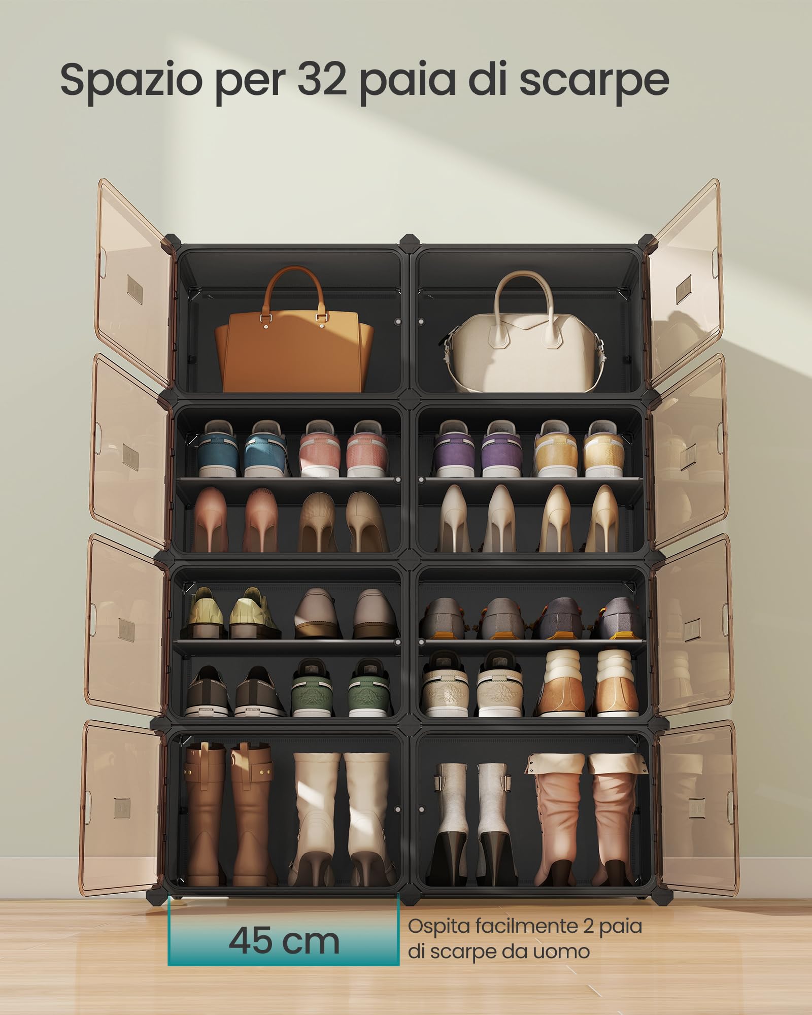SONGMICS Scarpiera 8 Scomparti, Scarpiera Componibile Ingresso, 30 x 45 x 30 cm per Scomparto, Ante Trasparenti, Metallo, 32 Paia, Camera da letto, Nero Inchiostro e Marrone Trasparente LPC054BH01