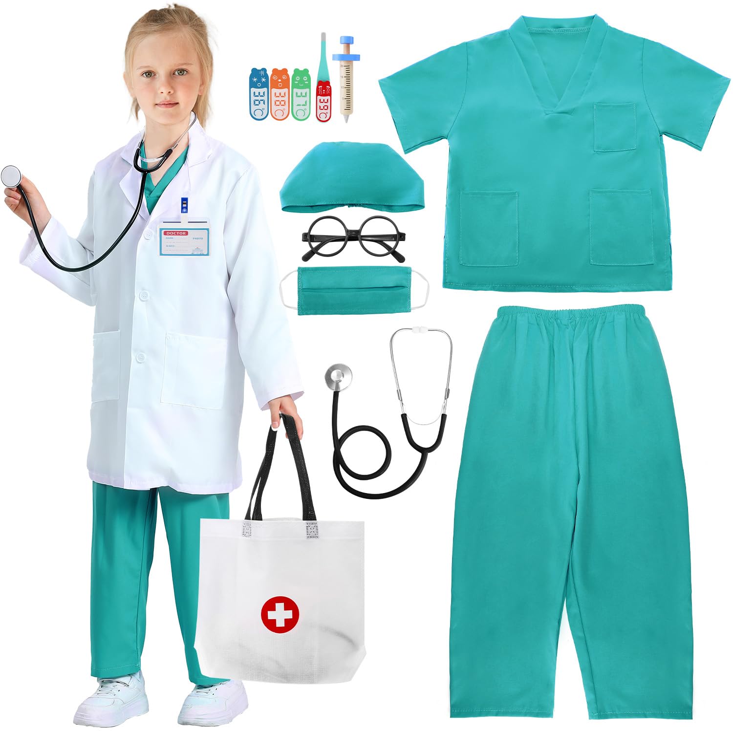 HomeChi Doctor Costume for Kids, 11PCS Doctor Pretend Play Cosplay Kit with Doctor Coat Stethoscope Carry Bag Accessories, Halloween Career Day Dress Up For 3-12 Years Old Boys Girls