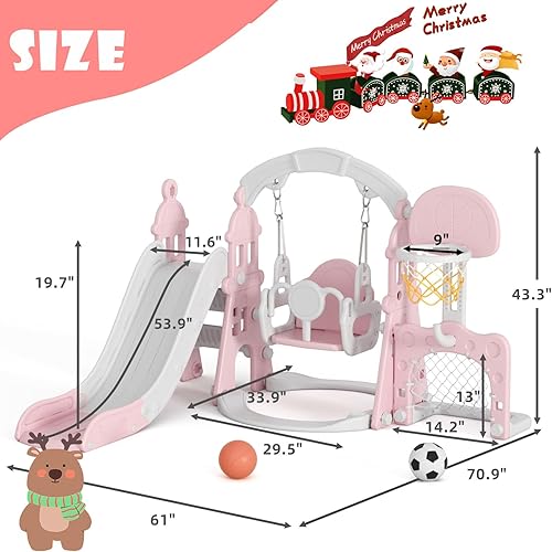 Miniatura 6 de XJD Juego de toboganes y columpios 6 en 1 para niños pequeños de 1 año, juego para exteriores con aro de baloncesto, marco de fútbol, columpio,