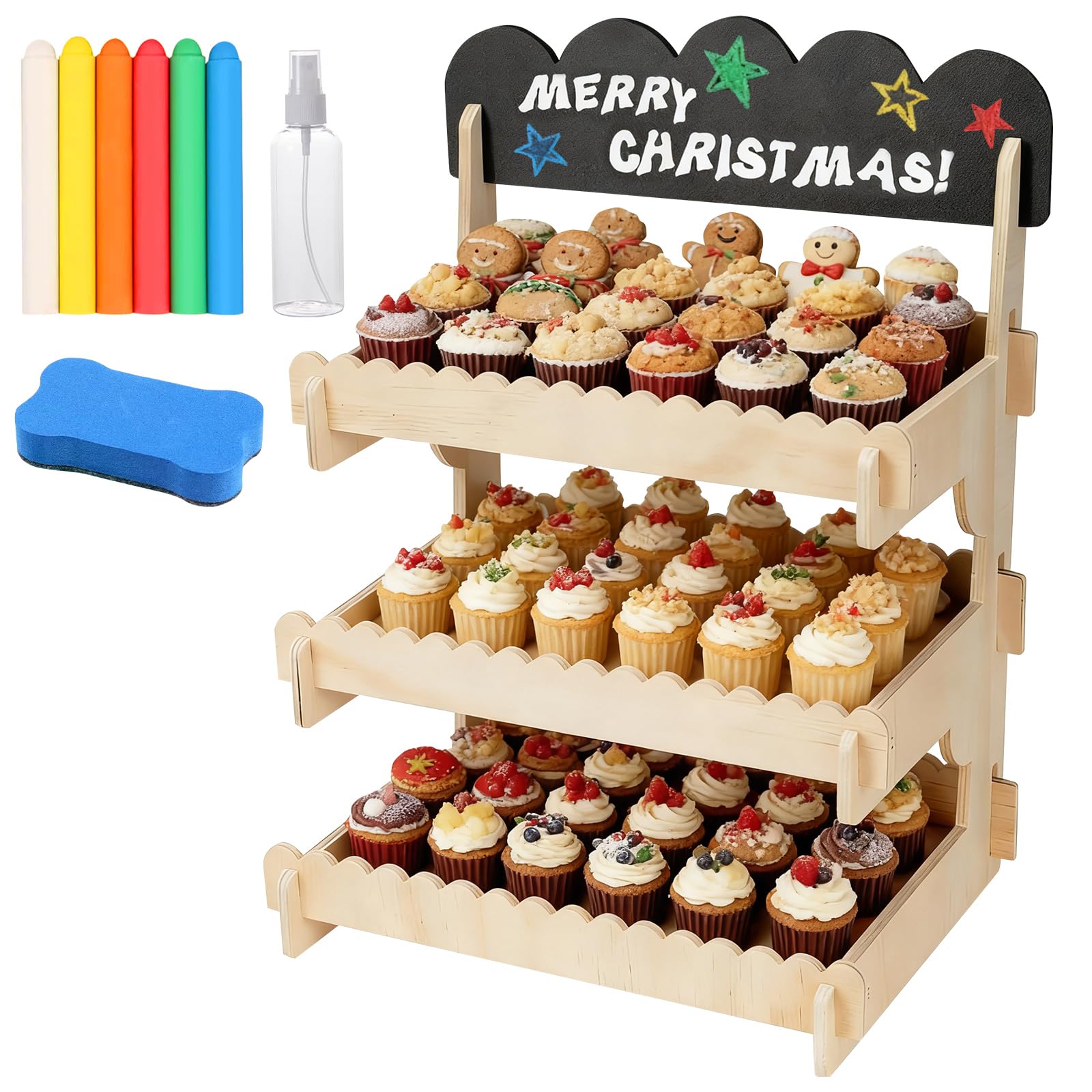 Keksständer, stabiler gestufter Plätzchenständer aus Holz mit Kreidetafel-Schild, werkzeuglose Montage für Cupcakes, Muffins, Gebäck, Marktstände und Veranstaltungen