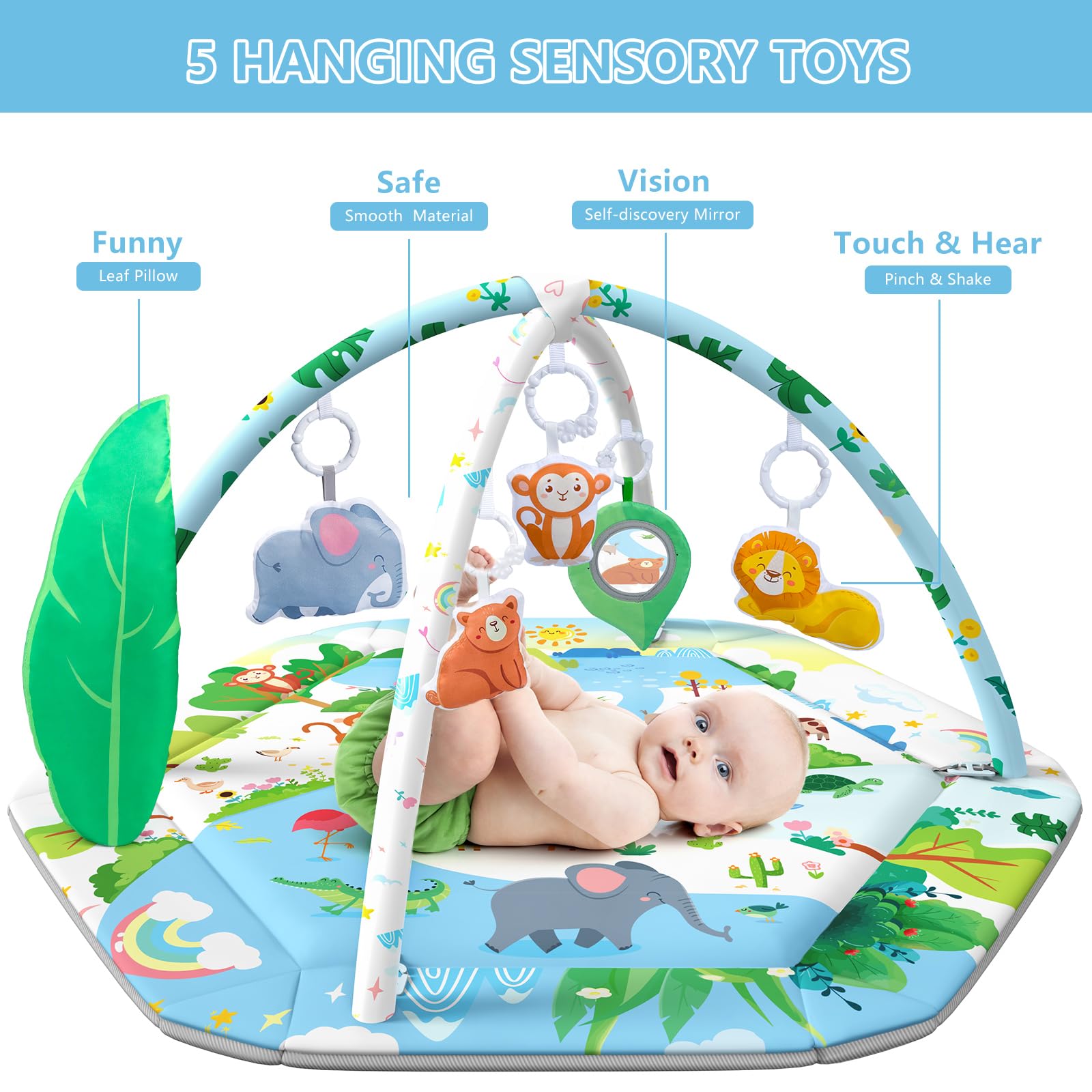 ZFDEBY Baby Gym Play Mat, 8-in-1 Tummy Time Mat & Activity Gym Mat Ball Pit with Detachable Toys, Washable Infant Play Mat for Visual, Hearing, Sensory, Motor Development, Newborn Baby Toys Gift for Toddler 0-3-6-9-12 Months Easy to Install