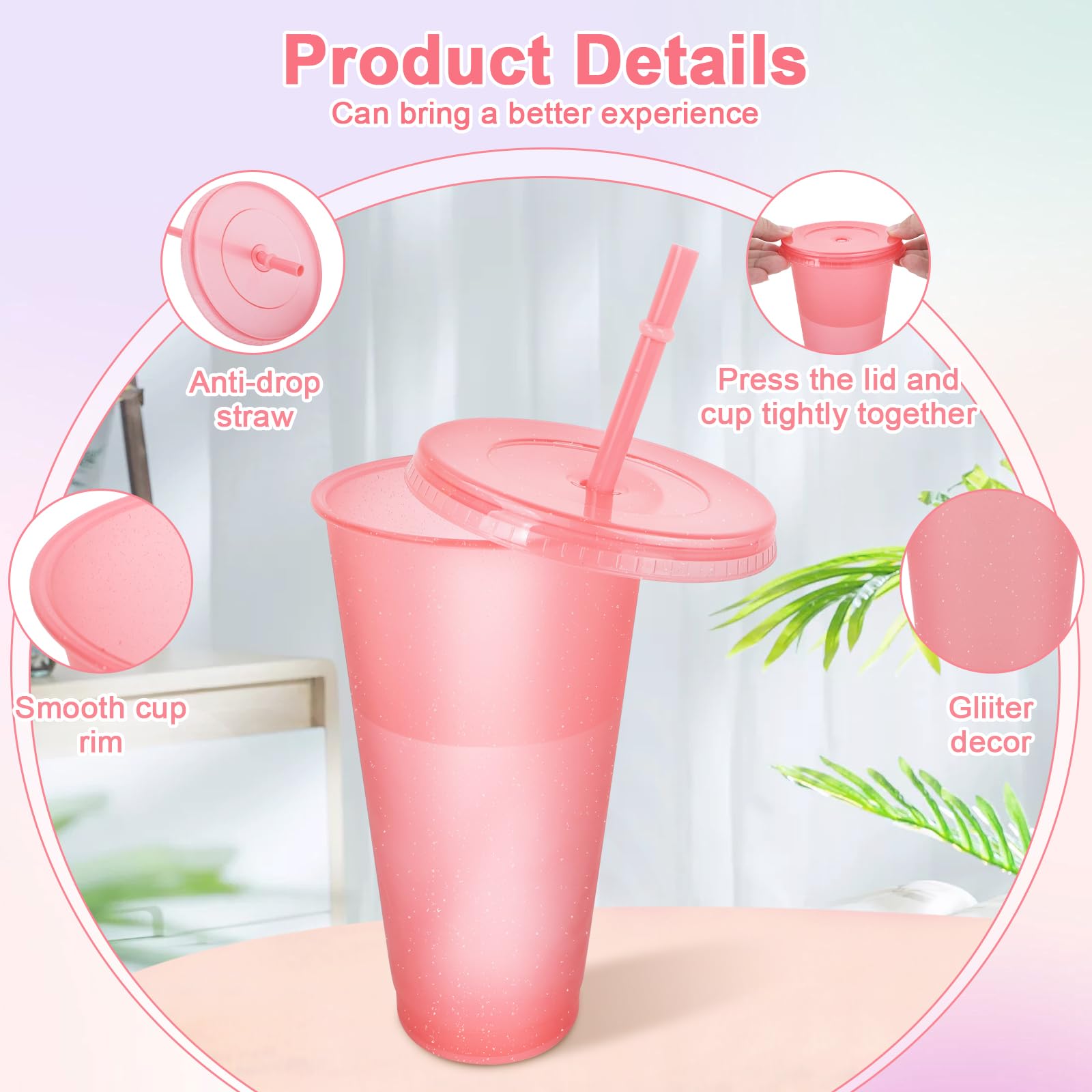 Paquete de 12 vasos que cambian de color, vasos de plástico de 24 onzas con pajitas y tapas, taza de café helado reutilizable para agua fría para fiestas de viaje