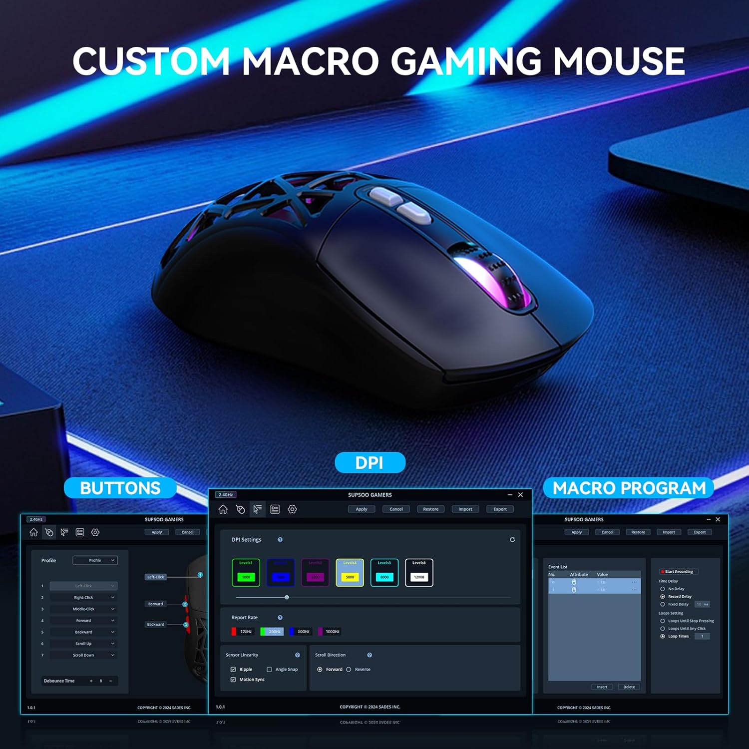 FD Wireless Gaming Mouse,Rechargeable RGB Programmable Macro Mouse,10000 DPI,Tri-Mode 2.4GHz/BT 5.0 with Wired,3.7V 500mAh Built-in Battery for Laptop Desktop PC MacBook Chromebook - Black