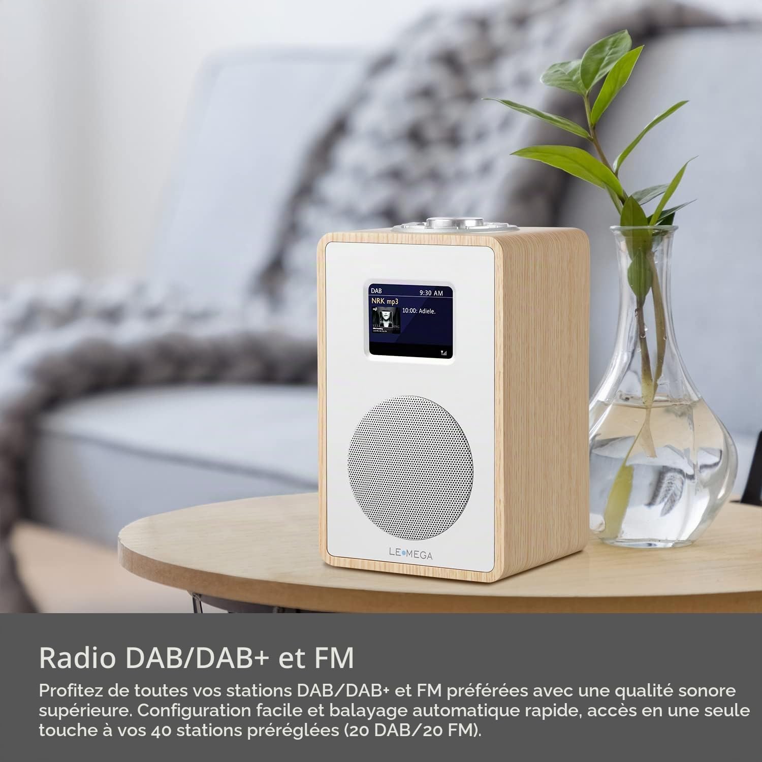 LEMEGA CR4 Radio Dab/Dab+/FM, Bluetooth, Écran Couleur, Chêne Blanc | Secteur, double alarme avec fonction snooze, Prise casque, USB, finition bois, streaming Bluetooth intégré