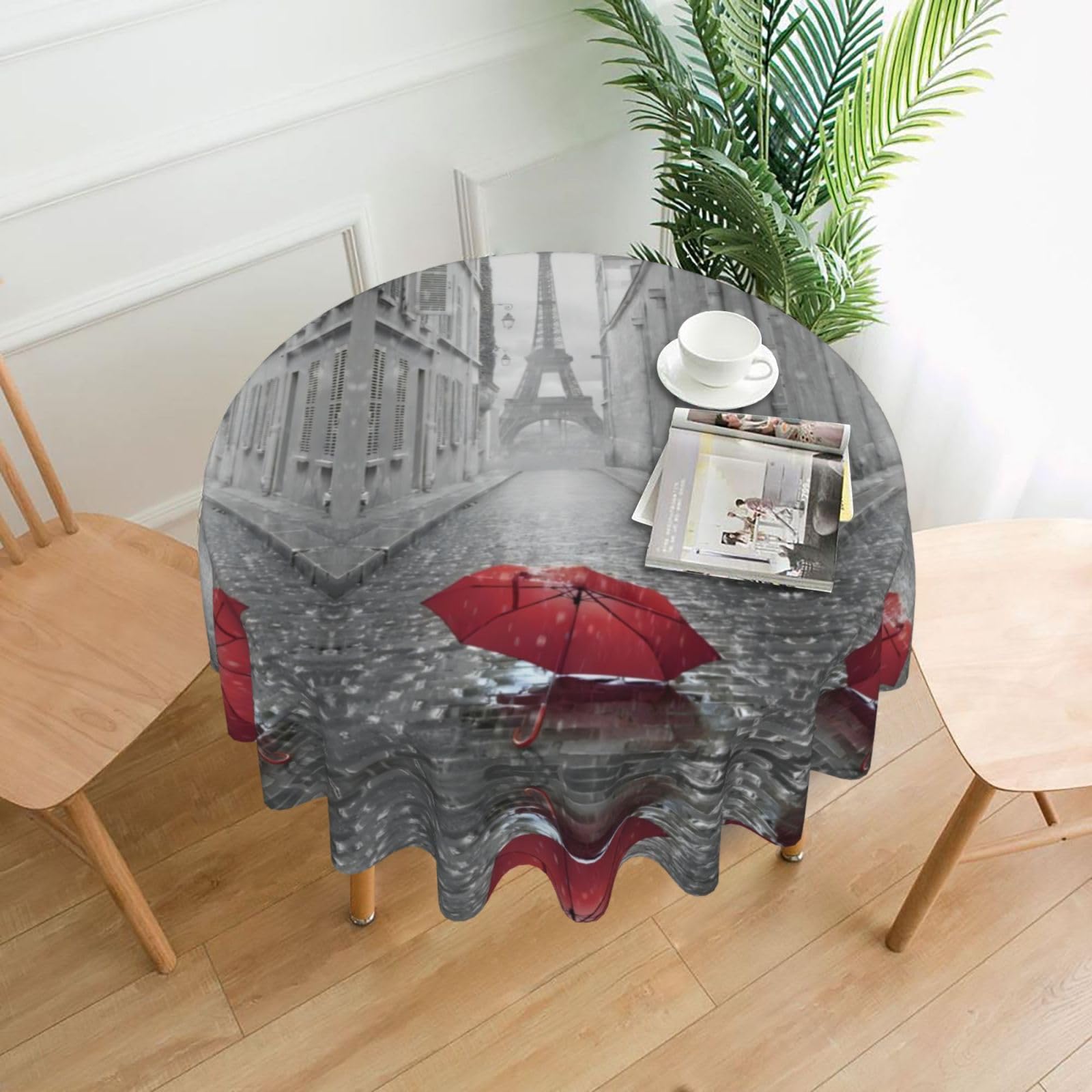 YYHWHJDE Eiffel Tower Paris Street Red Umbrella Prints Round Decorative Tablecloth 60in - High-Grade Polyester Throw for Elegant Dining & Festive Gatherings