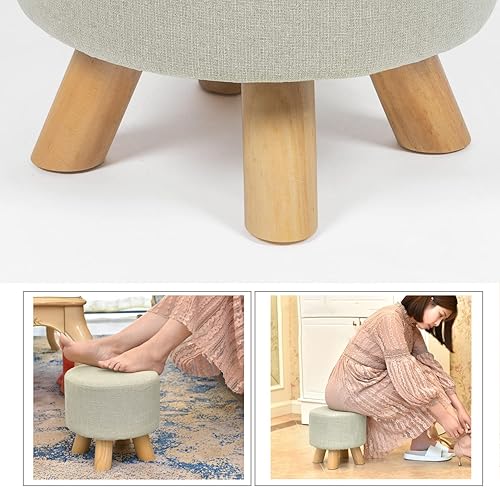 Miniatura 7 de Moderno taburete otomano redondo con reposapiésasiento otomano con tela de lino y patas de madera antideslizantes (beige)