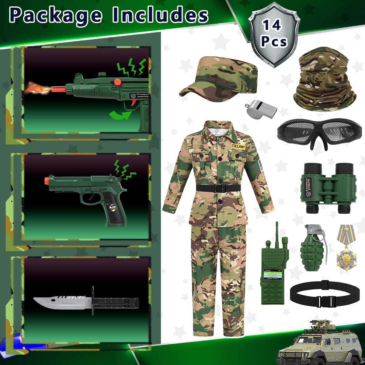 Army Costume for Kids, Boys Camo Military Soldier Costume with Toy Accessories Toddler Halloween Costumes Outfit Set - Image 2
