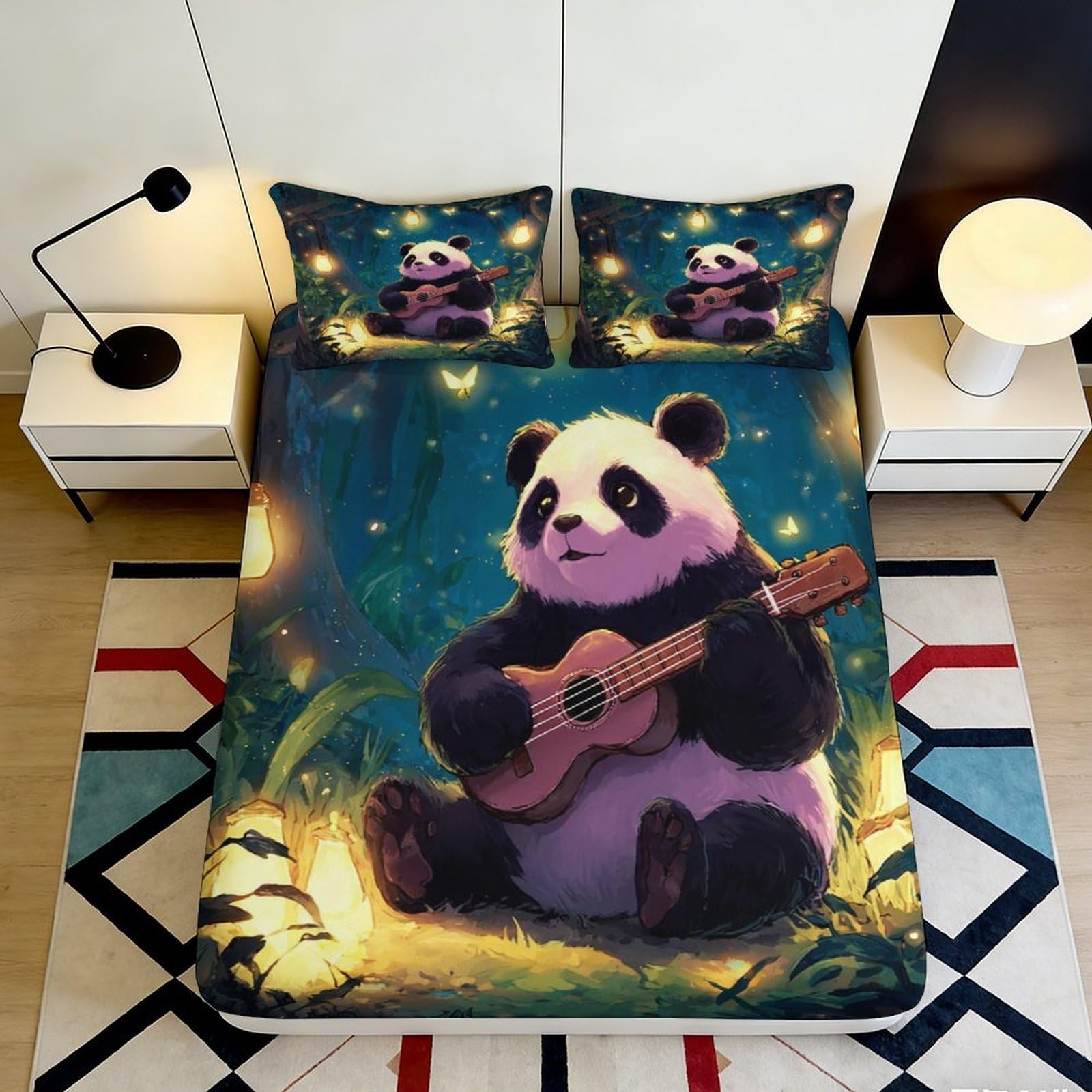 3D Printed Panda Guitar Fitted Sheet Microfiber Soft Breathable Forest Bed Cover for Bedroom Dorm Decor 90x200x25cm