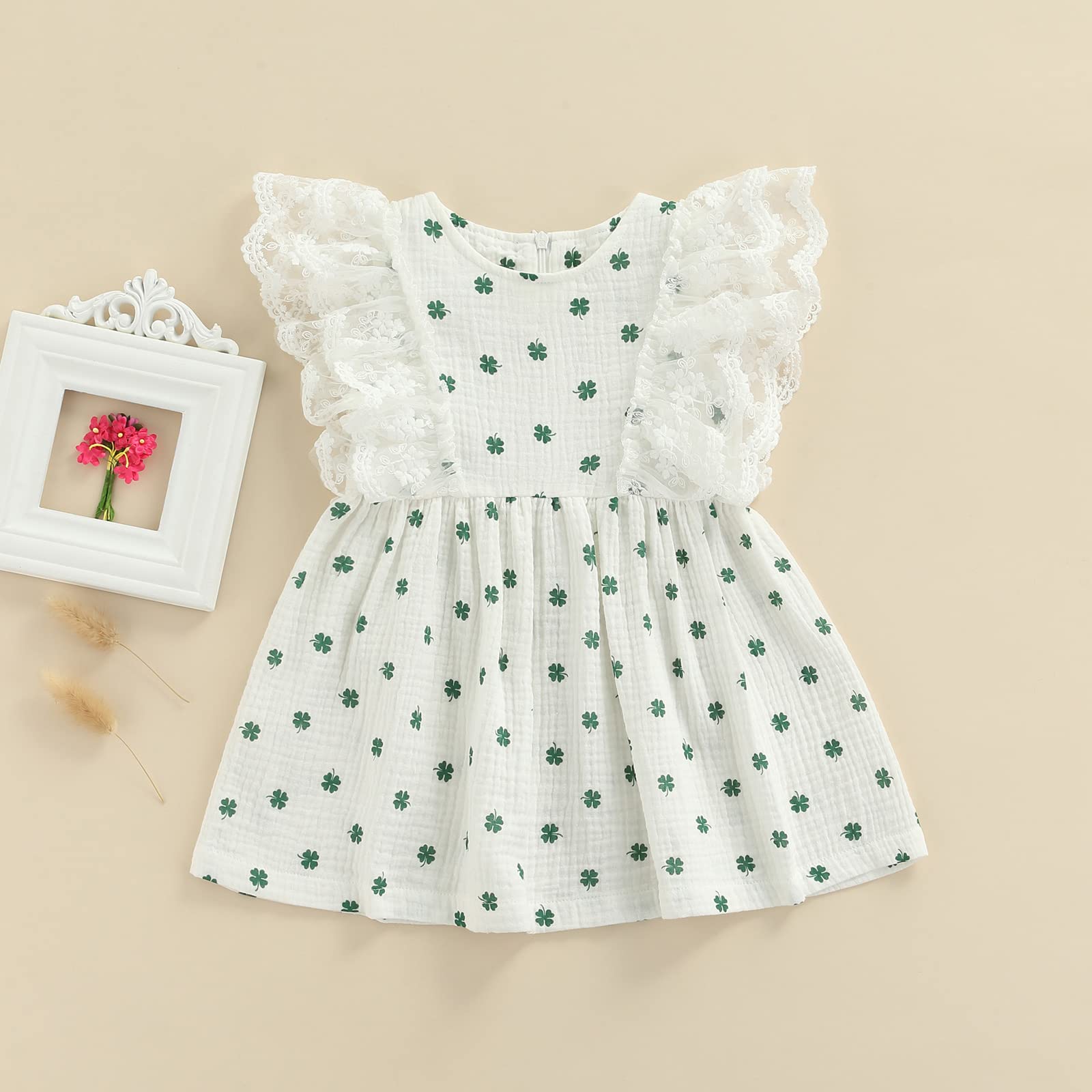 Toddler Baby Girl St. Patrick's Day Outfit Lace Sleeveless Cotton Linen Clover Print Casual Dress (5-6 Years,White)
