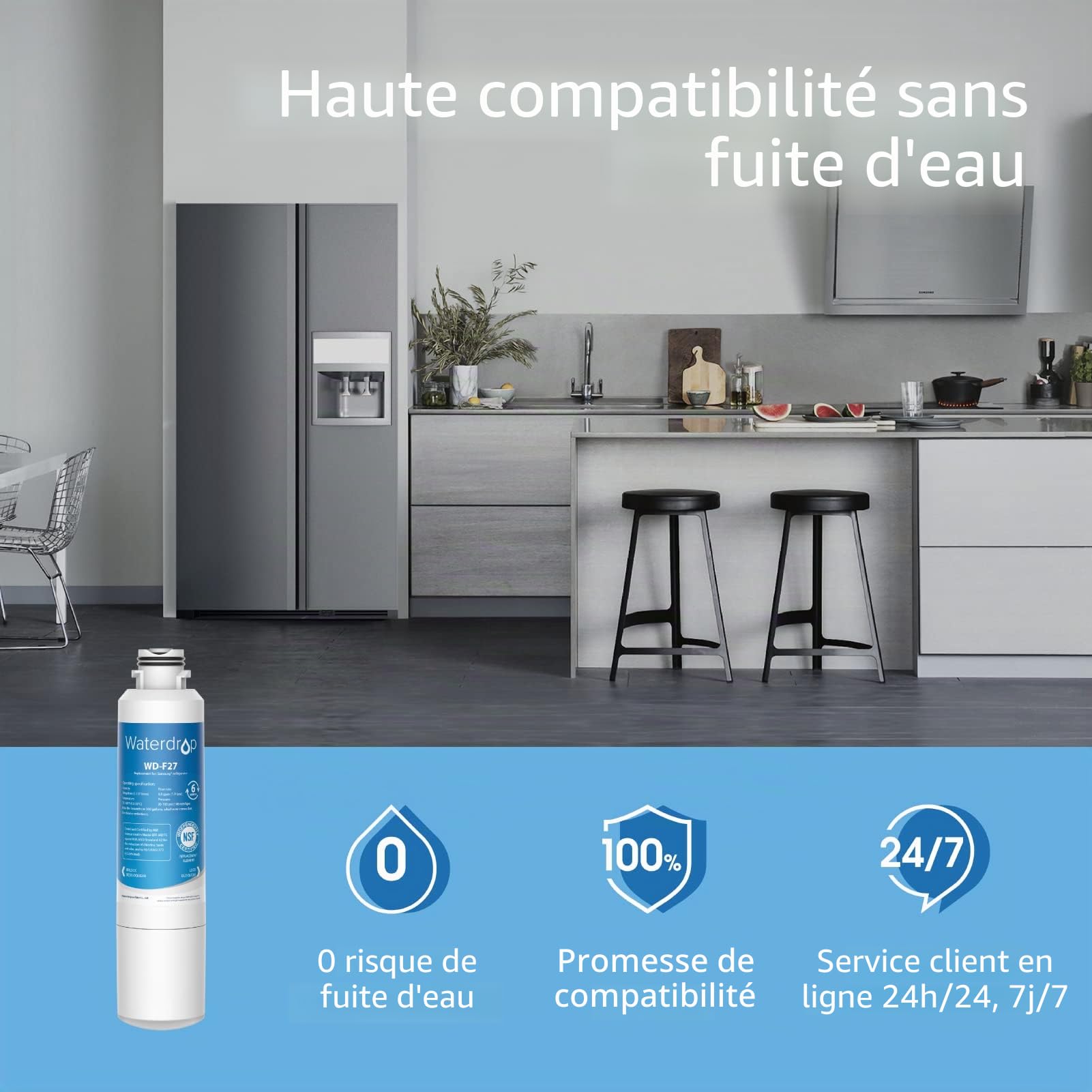 Waterdrop WD-F27 Filtre à Eau du Réfrigérateur, Compatible avec Samsung® DA29-00020B, HAF-CIN EXP, DA29-00020A, DA29-00019A, DA97-08006, DA97-08043ABC Kenmore 46-9101 HDX-FMS-2 (3)