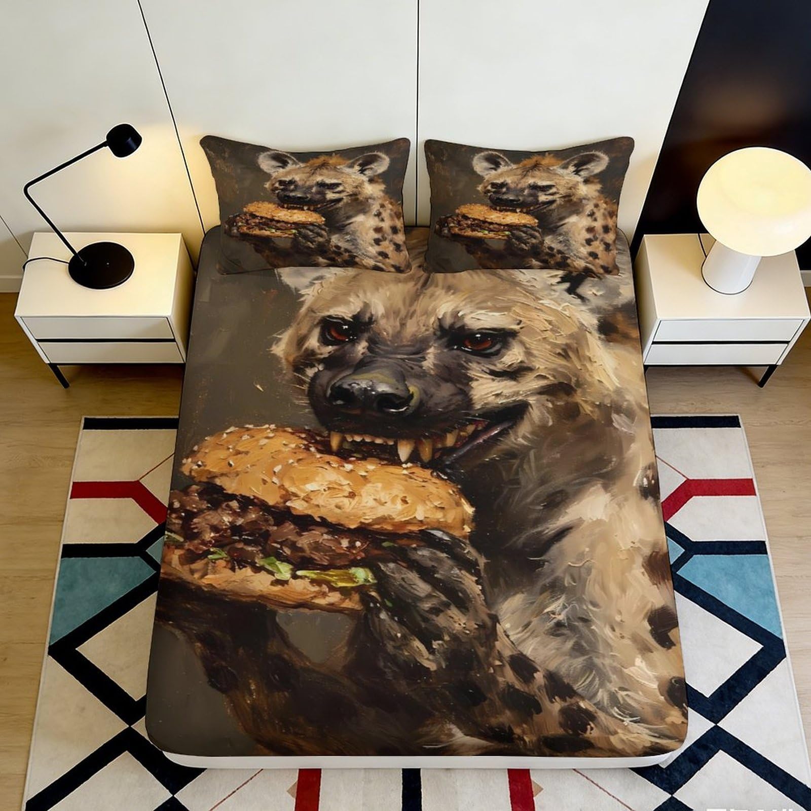 3D Printed Hyena Burger Fitted Sheet Microfiber Soft Mattress Cover for Bedroom Guest Room Dorm Protective Decor 90x200x25cm