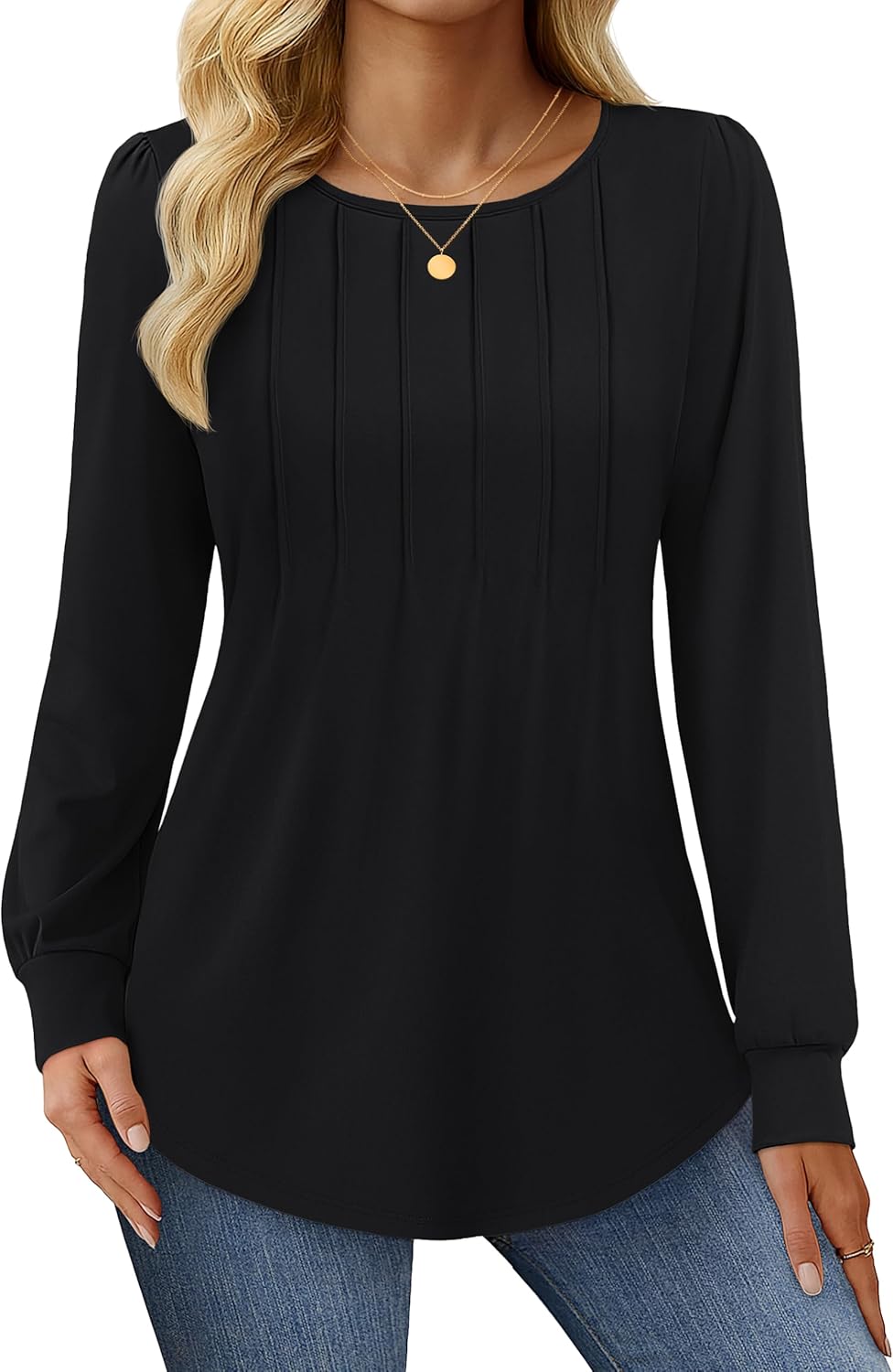 YUCOLEN Long Puff Sleeve Shirts for Women Pleated Crew Neck Tunic Tops Blouses Dressy Casual Fall Tops