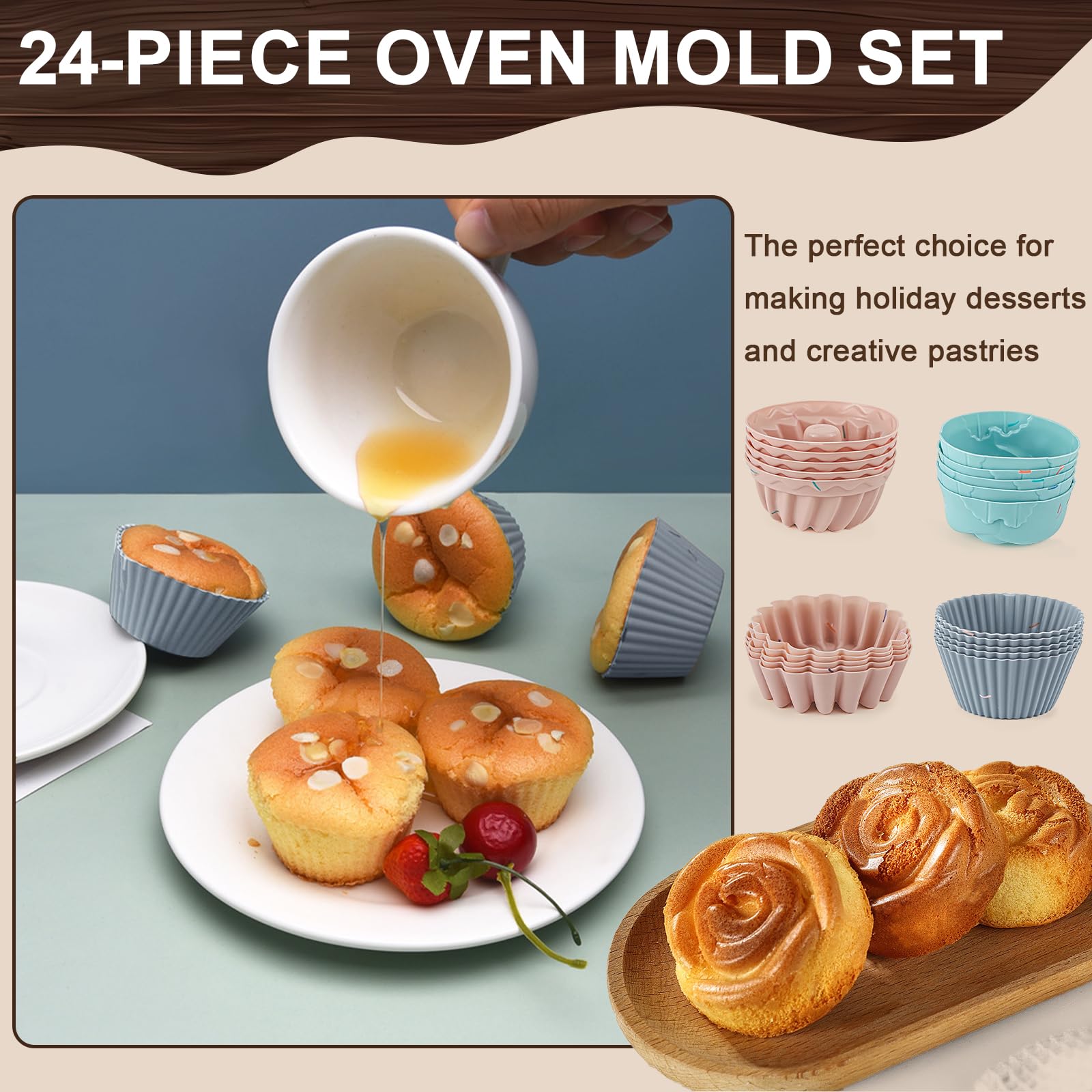 Stampi in Silicone, 24 Pezzi Riutilizzabili Stampo Muffin, Antiaderenti Pirottini per Friggitrice Ad Aria, 4 Forme Stampo Ciambella per Torte, Creme e Budini (Sicuri in forno fino a 220 °C)