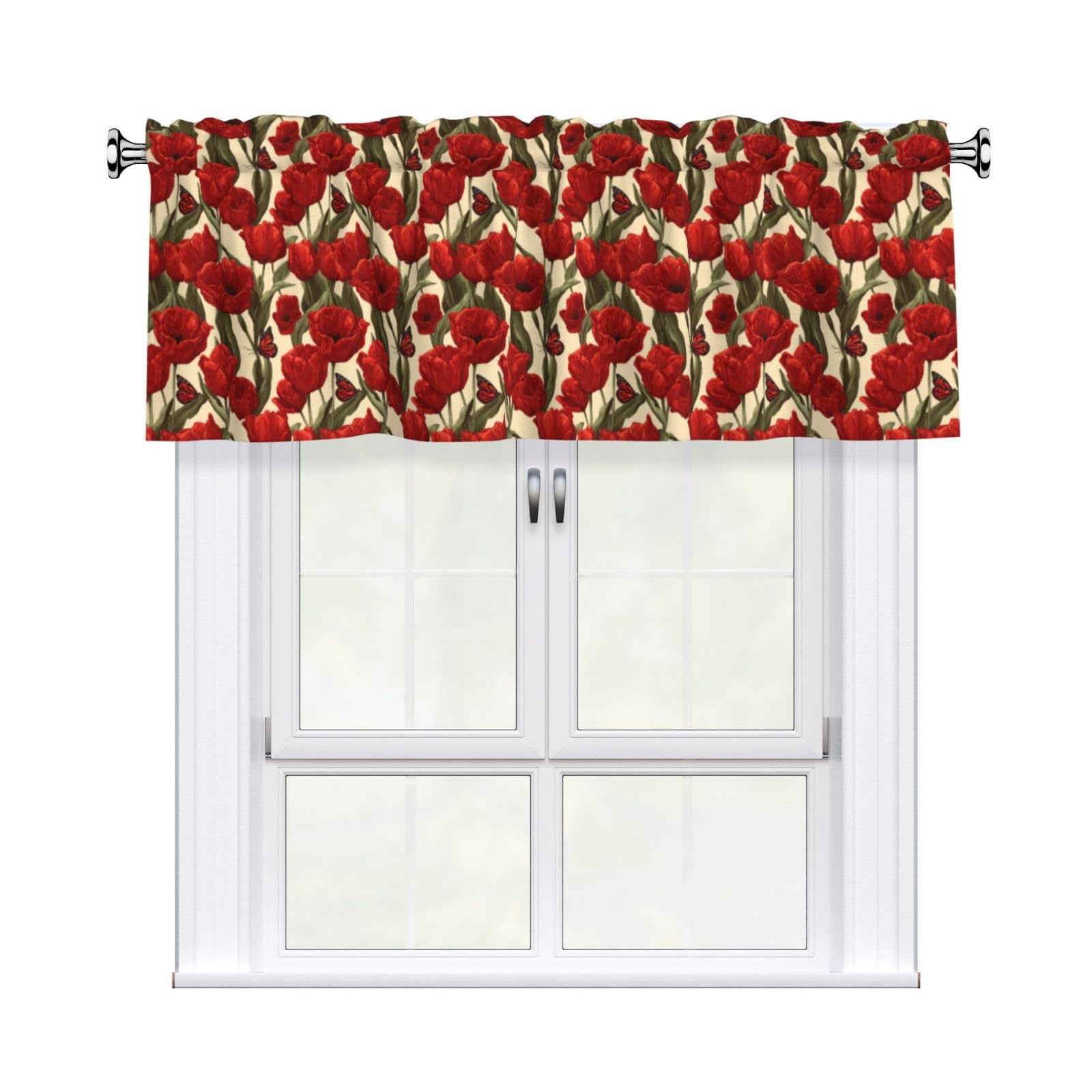 Woshuwo Tulip Flowers Butterfly Vintage Valances For Windows Rod Pocket Window Treatment Short Curtains For Kitchen Living Room Bedroom Decor 54x18in