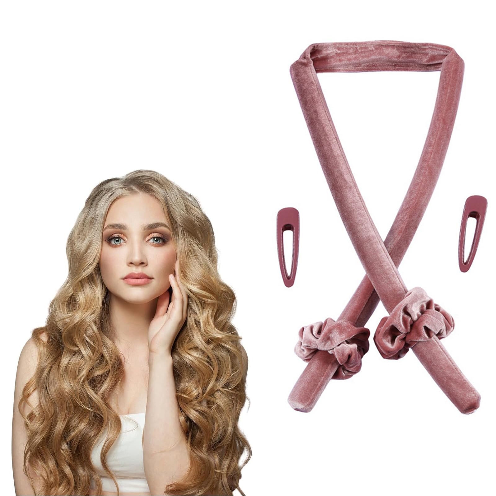 Rizador Pelo Sin Calor, 5PCS Rizador Sin Calor para Cabello Largo Rizador sin Calor del Sueño de Terciopelo DIY Heatless Hair Curlers, con Clip, Para Mujeres con Cabello Medio y Largo (Rosa)