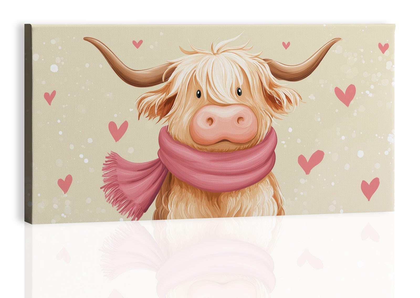 Generisch Niedlich Tiere Hochlandrind Herz Modernes Leinwandbild 140L x 70B cm mit Rahmen, Cartoon Stil XXL Wanddeko für Wohnzimmer Geschenk Idee Einzug - Hochwertiger Kunstdruck auf Holzrahmen