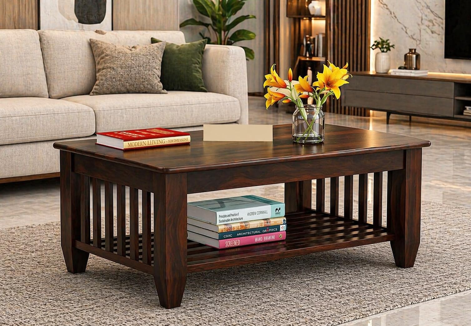 Solid Sheesham Wood Coffee Table for Living Room | Wooden Center Table with Storage Shelf | Modern Rectangle Tea Table for Home, Office & Longue | Walnut Finish-picture-27