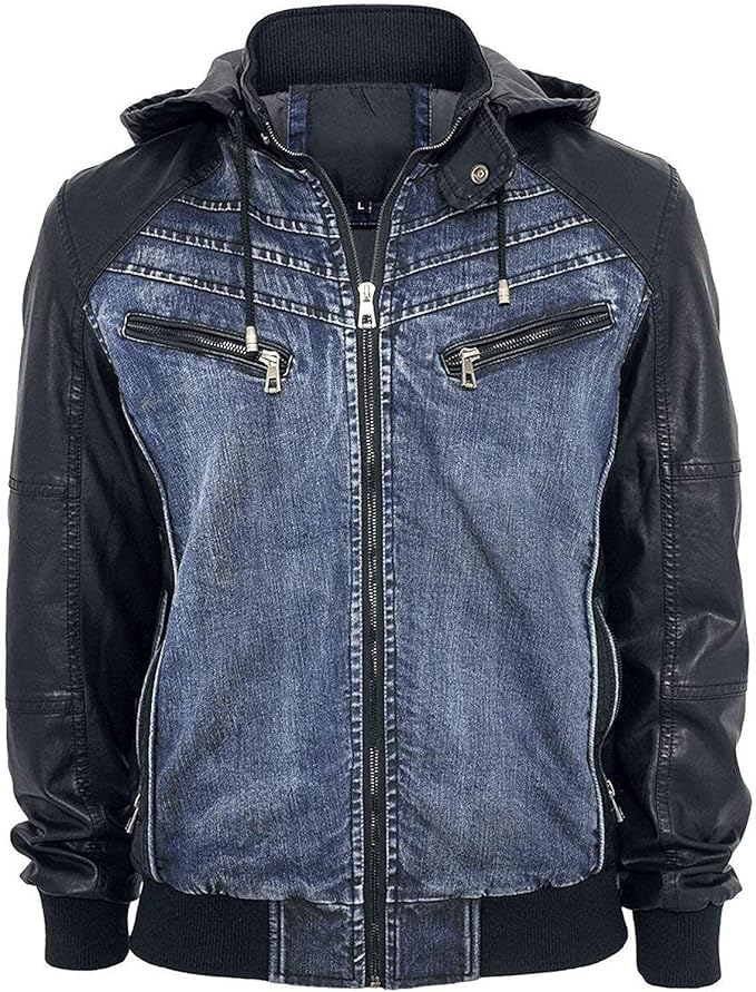 Classic Blue Bomber Hoodie Denim Jacket with Leather/PU Sleeves for Men - Main Image