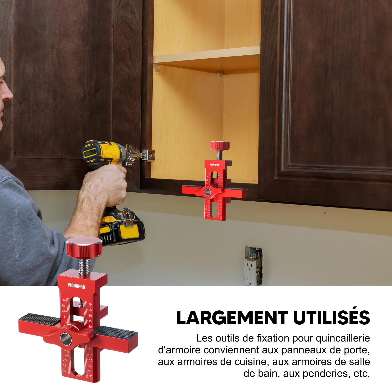 F Fityle Gabarit de Montage pour Portes de Meuble en Alliage d'Aluminium, Outil de Gabarit avec Bras de Support et Serrage, Jig de Fixation Universel pour Charnières Cachées, Armoire, avec 1 Perceuse