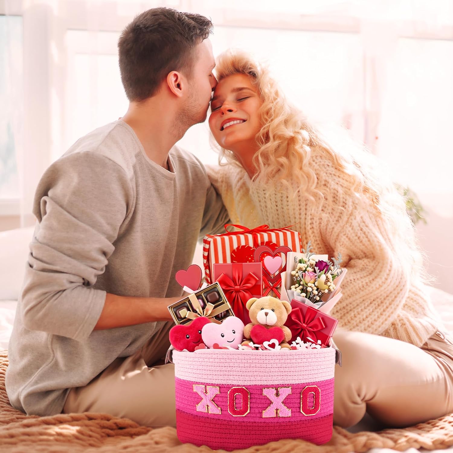 Woven Valentine Gift Basket Empty, Large Red and Pink Xoxo Basket with Handle Stickers 13 x 8.7 x 7.9'' Valentines Day Decorative Empty Storage for Sweet Day Organizing Home Party Decor