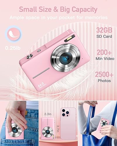 Miniatura 4 de Cámara digital, FHD 1080P apuntar y disparar para niños, con tarjeta de 32 GB, sello de fecha antivibraciones con zoom 16X, compacto, portátil,