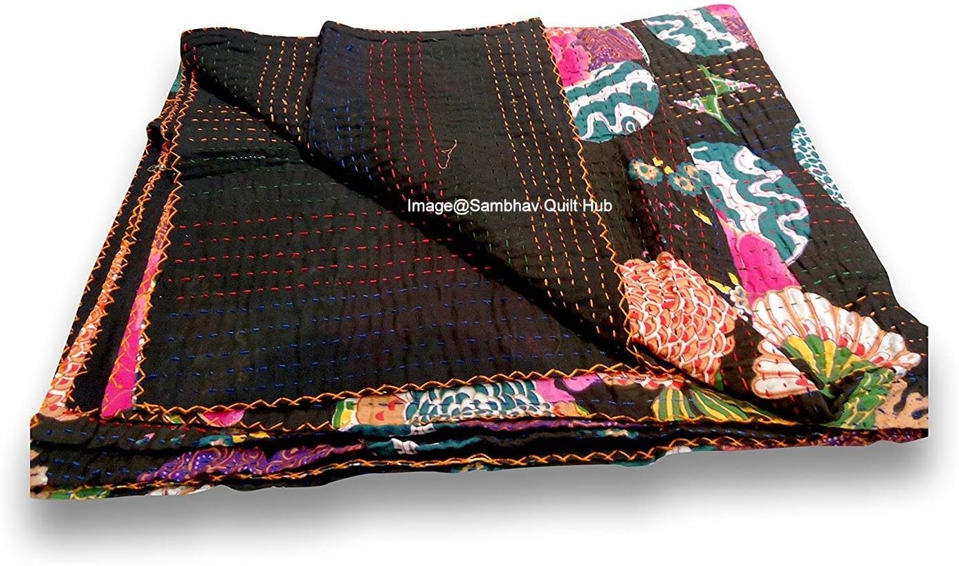 Queen/Twin/King Indian Black Fruit Reversible Bedspread Pattern Gudri Pure Cotton Kantha Style Quilt Floral Fruit Print Decorative Kantha Stitch Quilt (90X108 inches)