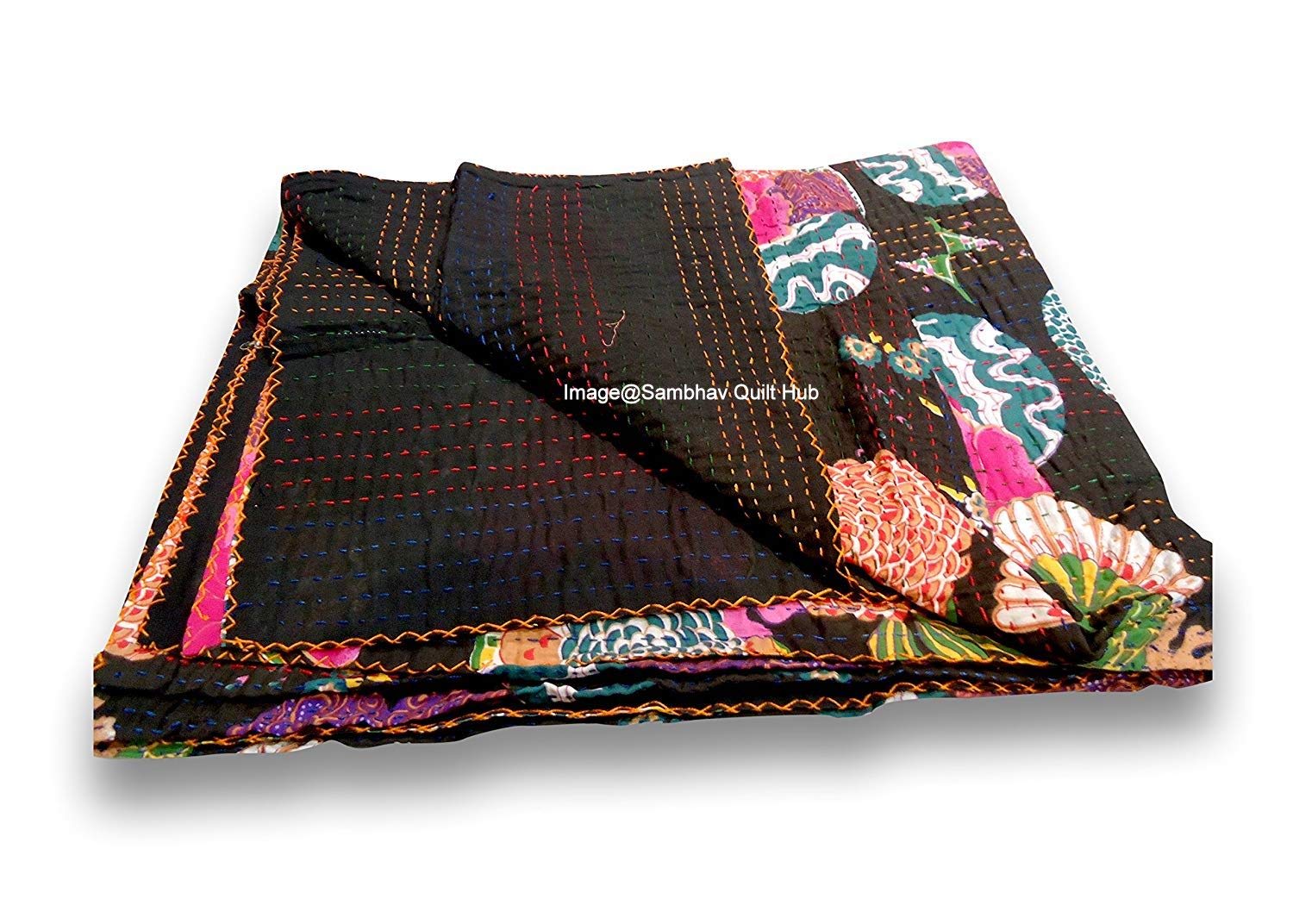 Copriletto Kantha King Size Verde 274x274 Cm – Trapunta Indiana Fatta A Mano In Seta Patola, Reversibile, Motivo Vintage Punto Mano, Coperta Decorativa Etnica