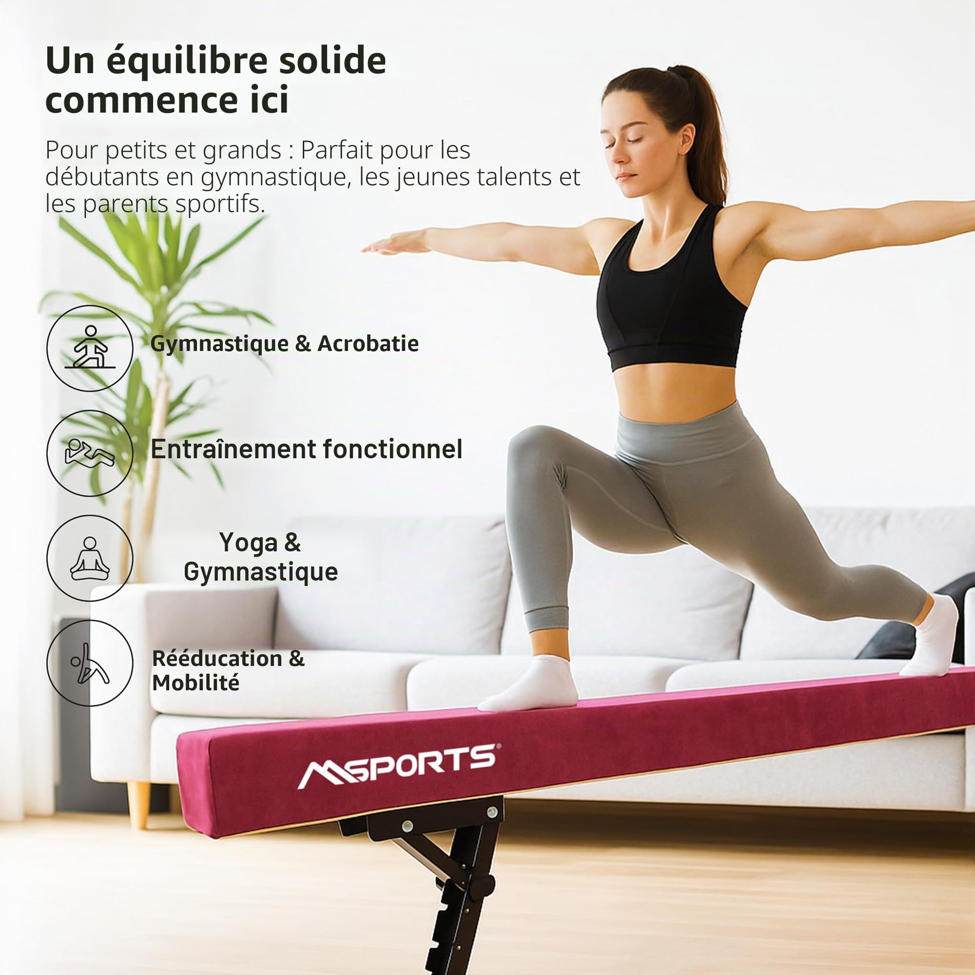 MSPORTS Poutre d'équilibre de qualité supérieure réglable en hauteur - 245 cm - Pour enfants et adultes - 5 niveaux de hauteur (18 à 56 cm) - Pour la maison ou le club - 5 couleurs