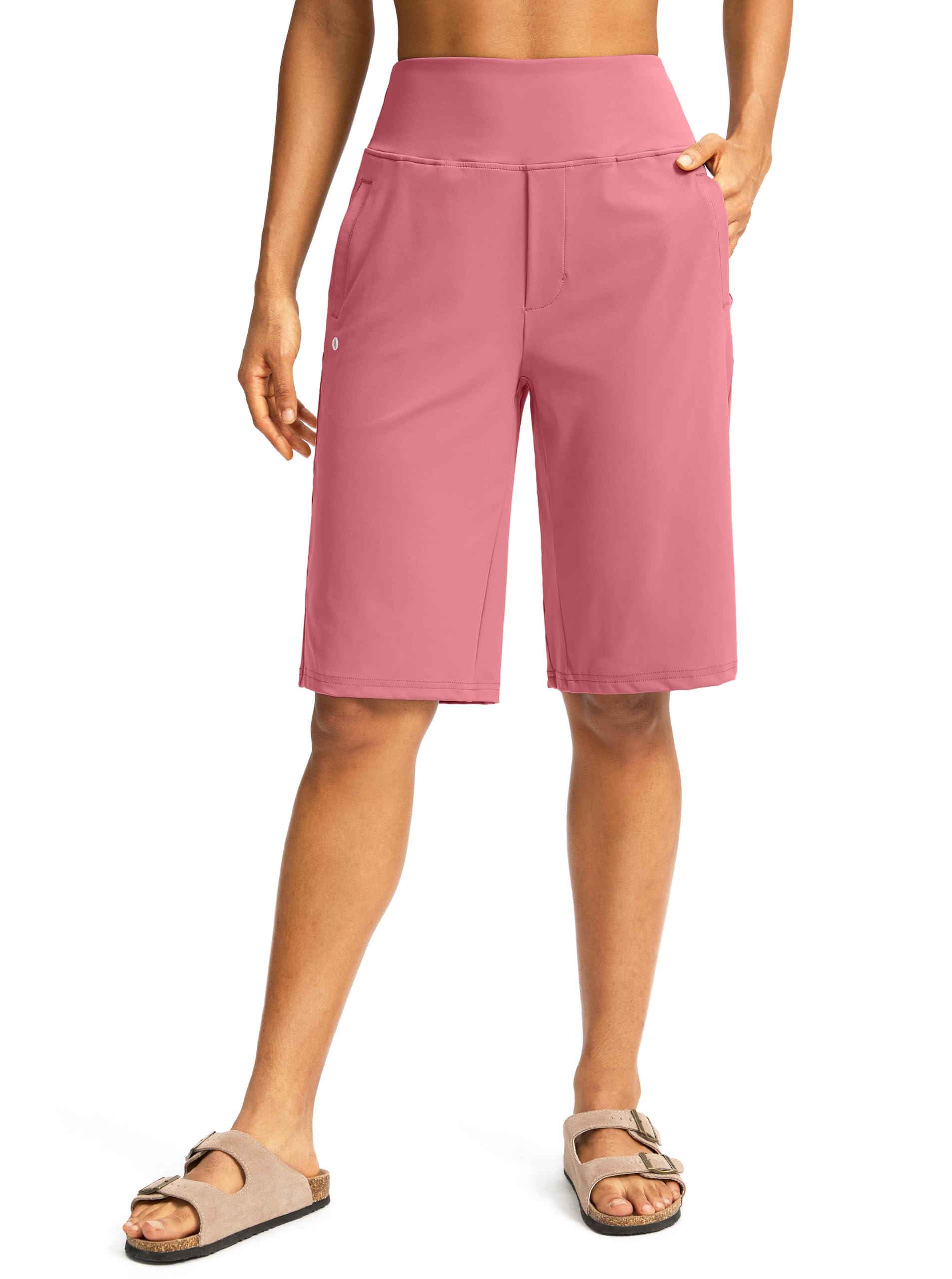 SANTINY Bermuda da donna da 30,5 cm, lunghezza al ginocchio, con tasche, a vita alta, elasticizzati, casual, da passeggio