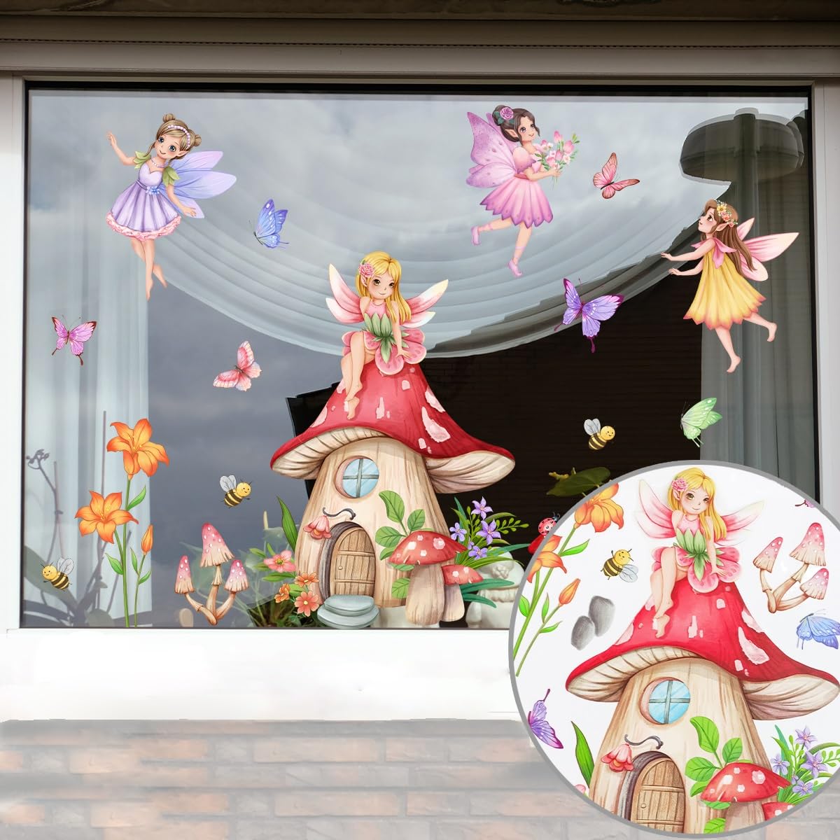 WandSticker4U®- Pegatinas ventanas niña HADAS y CASA de SETAS rosa (80x43 cm) I Vinilo adhesivo infantil ventana flores hadas elfos princesa I Decoración ventana habitación niña bebé primavera GRANDE