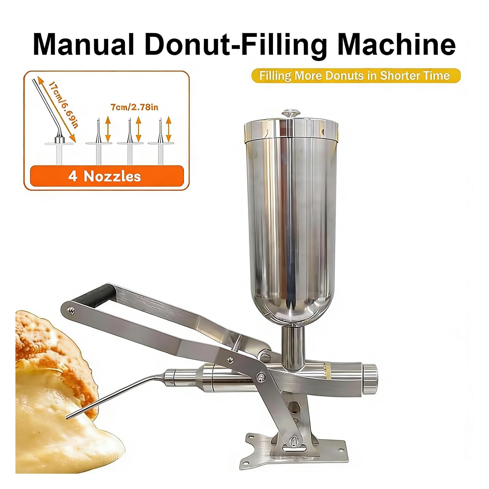 Inoxidable 304 Inyector de Crema Manual, MáQuina for Rellenar Donas de Diseño de Mango ergonómico, con 4 Boquillas, Capacidad de 5 litros