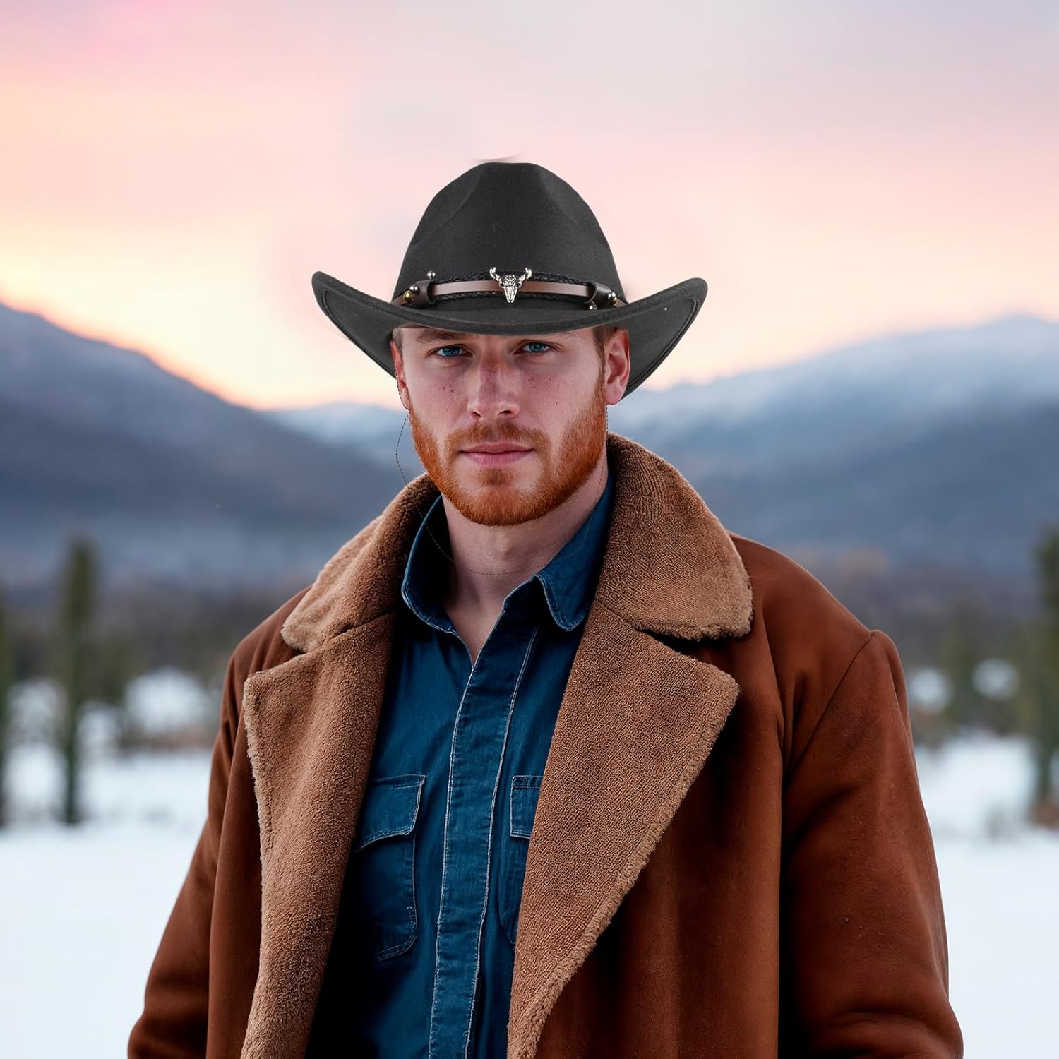 Cowboy Hat for Women and Men, Women Men Classic Felt Wide Brim Western Cowboy Cowgirl Hat with Belt Buckle(Black) - Image 5