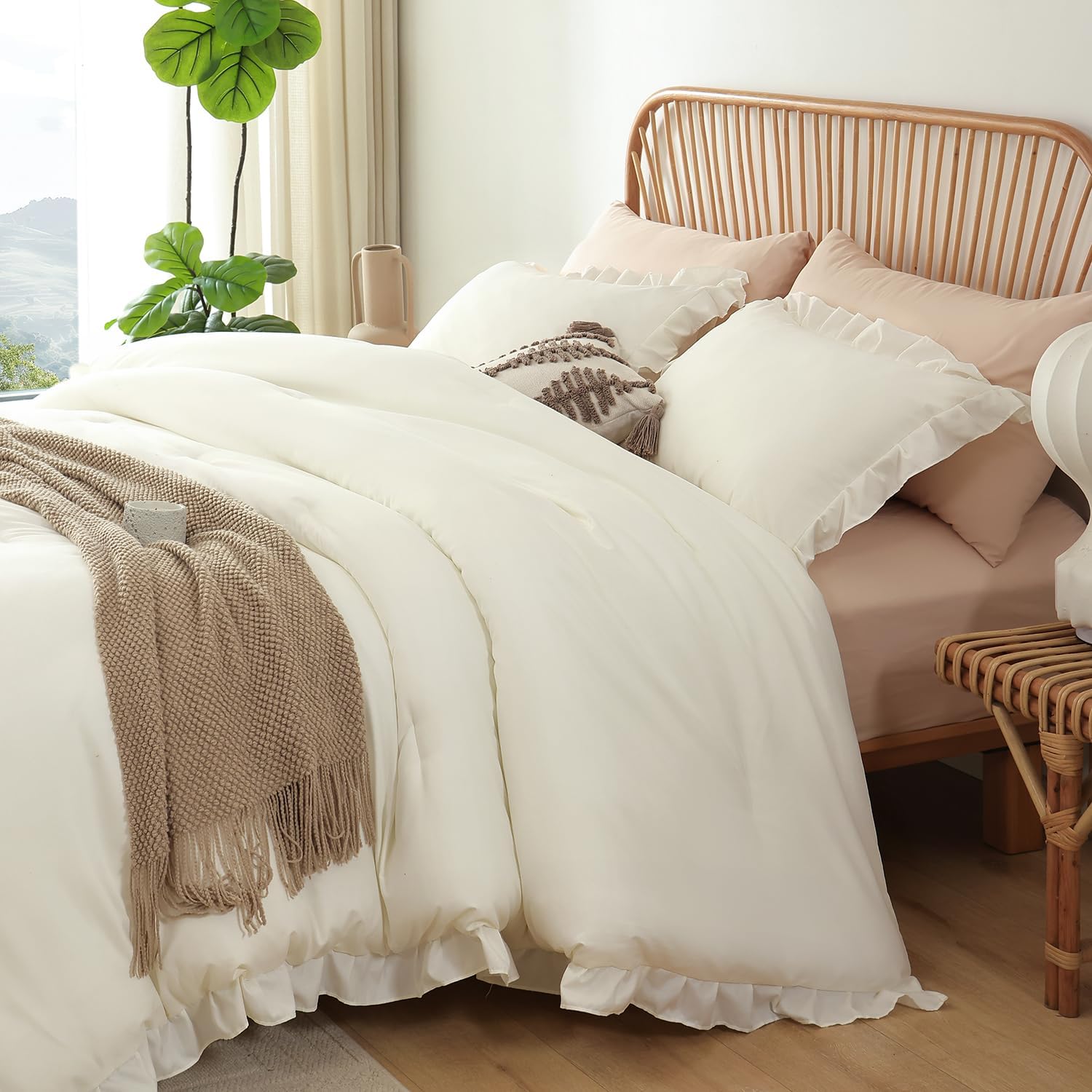JANZAA Creamy White Comforter Set Queen – Soft Microfiber, Lightweight All Season Bedding, Ruffle Shabby Chic Aesthetic, Breathable Cozy Bed Set with 2 Pillow Shams, Machine Washable