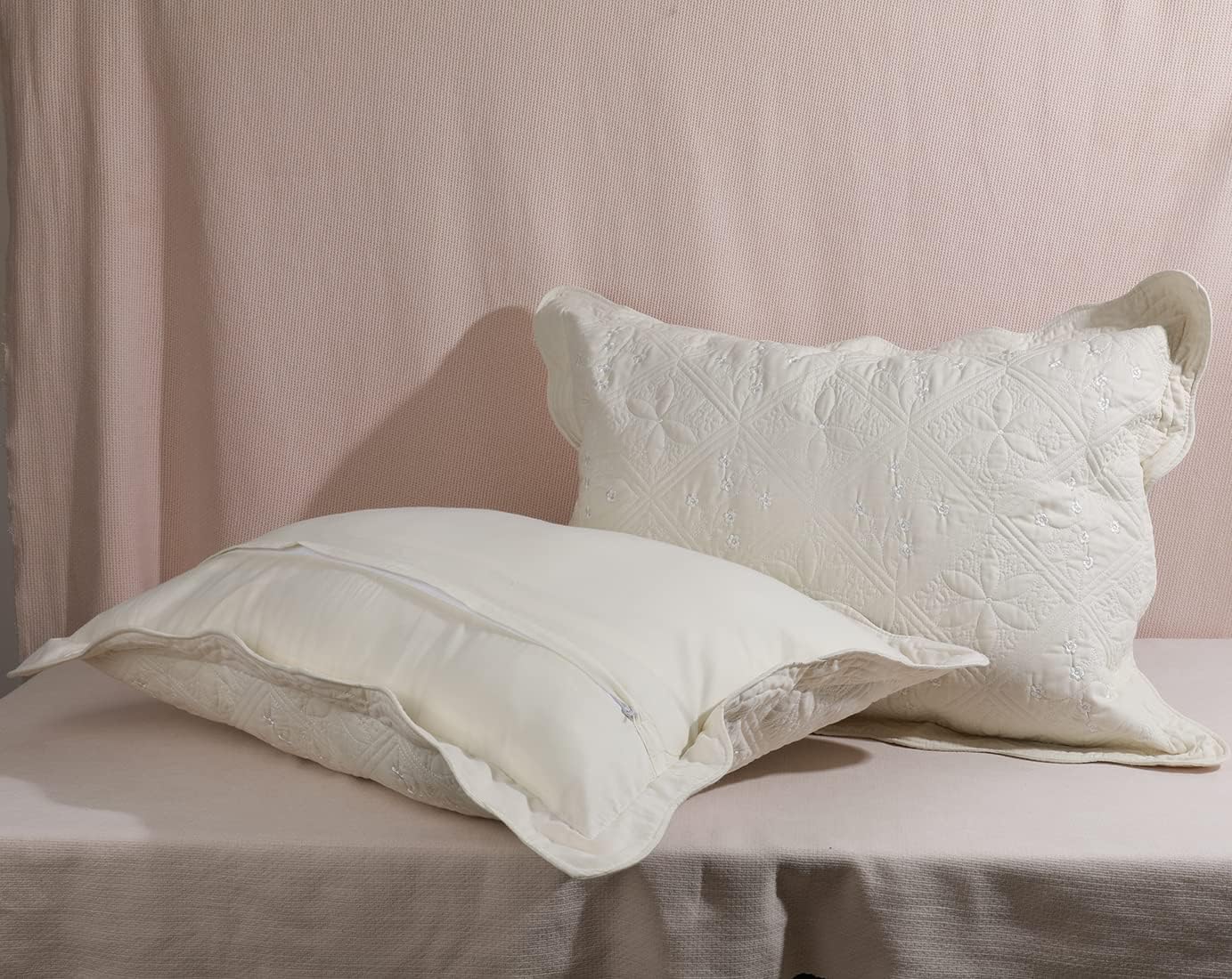 vctops 2-Piece Embroidered Cotton Quilted Bed Pillow Shams Rustic Solid Color Soft Decorative Pillow Cases Set (Cream,16"x24") - Image 3