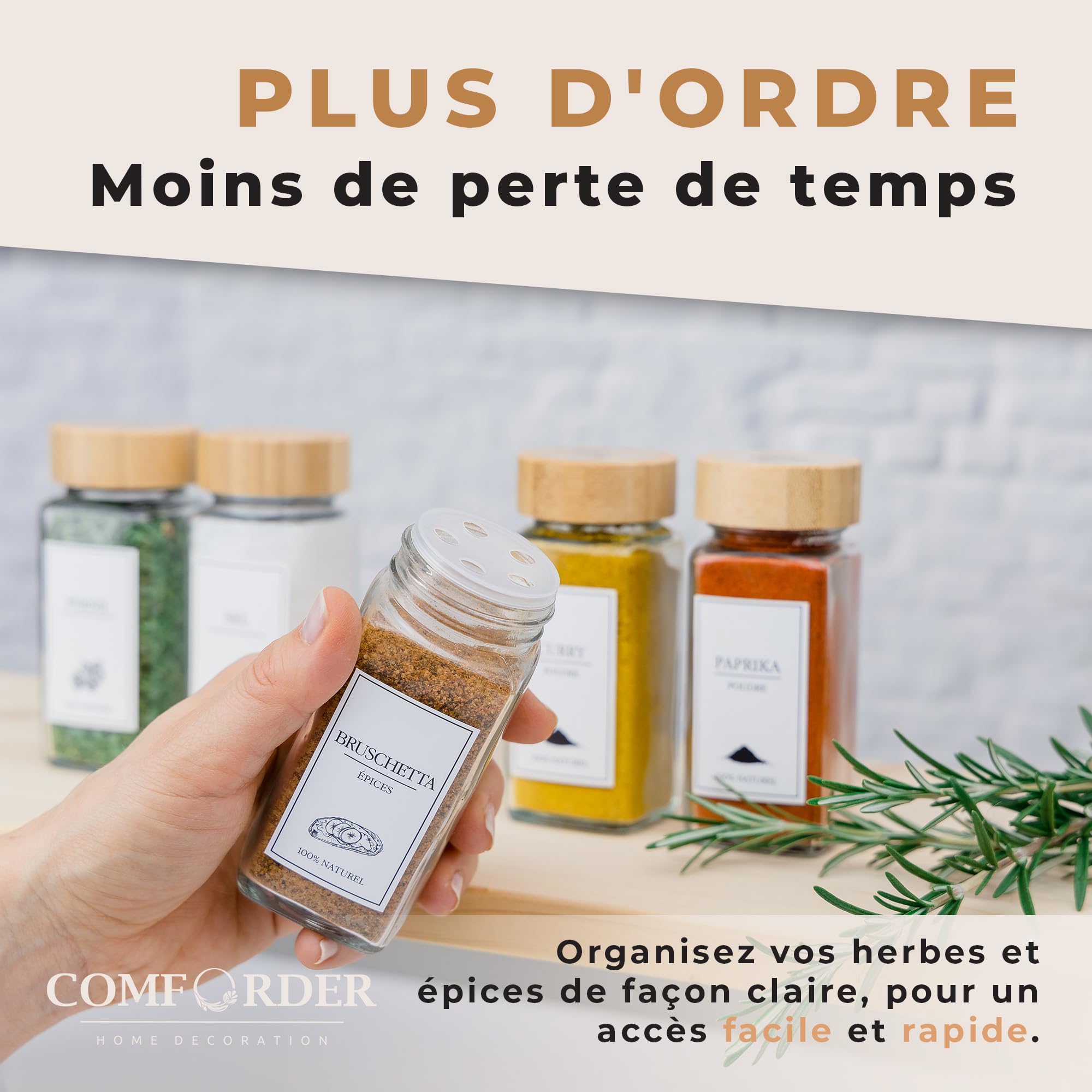 comforder – Pots à Épices en Verre et Bois + 336 Étiquettes Françaises pour Épices + 2 Moulins – 24 Bocaux de Cuisine 120 ml