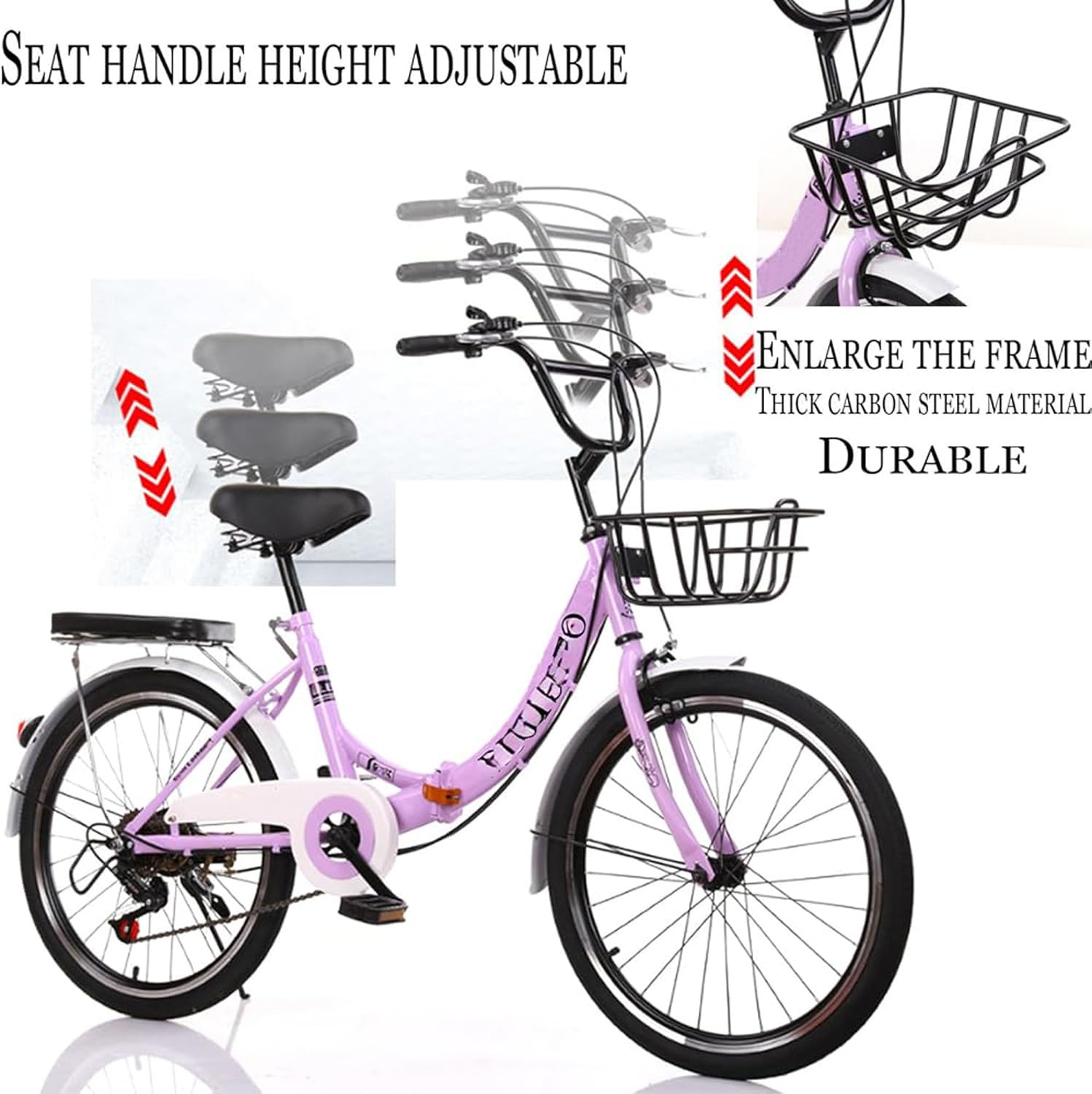Faltrad, Leichtes Klapprad aus hochkohlenstoffreichem Stahl Höhenverstellbar, 7 Gänge, Premium Retro Mountainbike für Frauen Erwachsene Männer (Schwarz, 20 In)