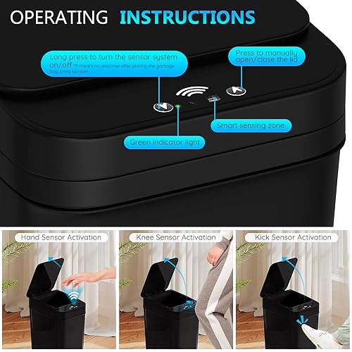 Miniatura 5 de Paquete de 2 cubos de basura pequeños para baño con tapa, 4 galones, sin contacto, automático, delgado, impermeable, sensor de movimiento, cubo de