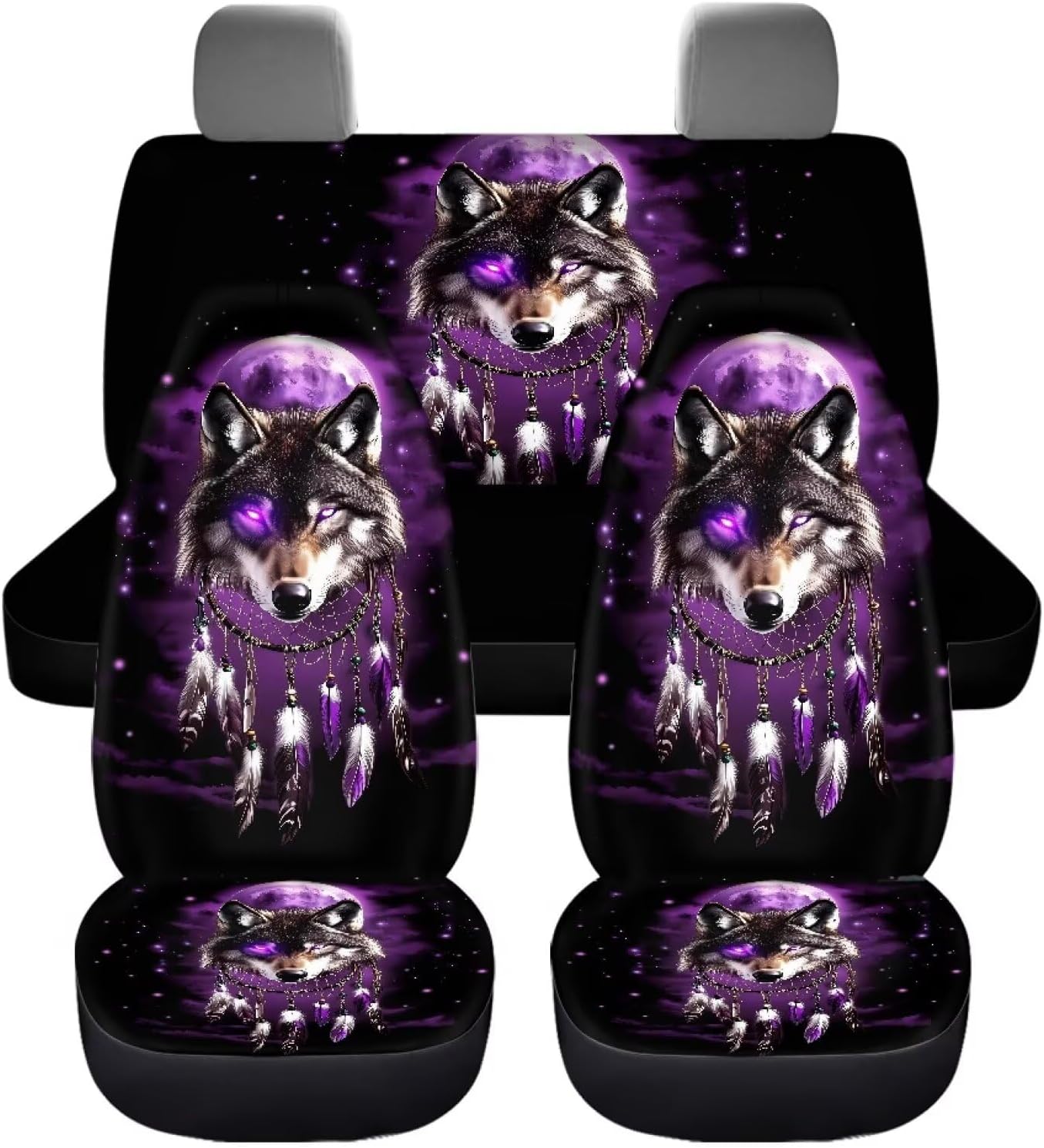 Mumeson Dream Catcher Wolf Car Seat Covers, Universal Fit Car Seat Covers Full Set 4 Piece Stretchy Fabric Front Rear Seat Cover Automotive Interior Accessories