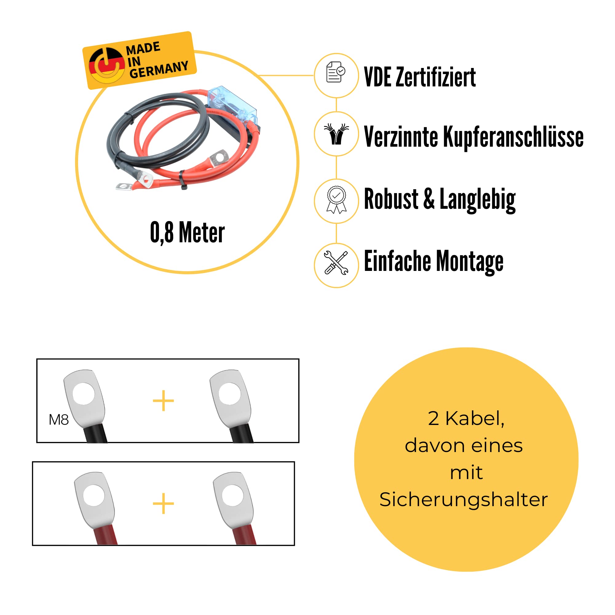 80cm Anschlusskabel für Wechselrichter | Verbindet Wechselrichter und Versorungsbatterie l M8 Ringkabelschuhe | 25mm² | inkl. 125A Sicherung | für Camper | Made IN Germany