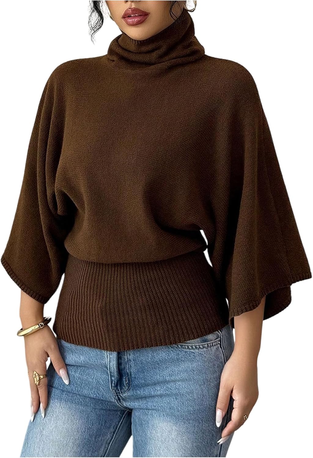 MakeMeChic Women's Turtleneck High Neck Sweater Retro 3/4 Sleeve Business Knitted Pullover Tops