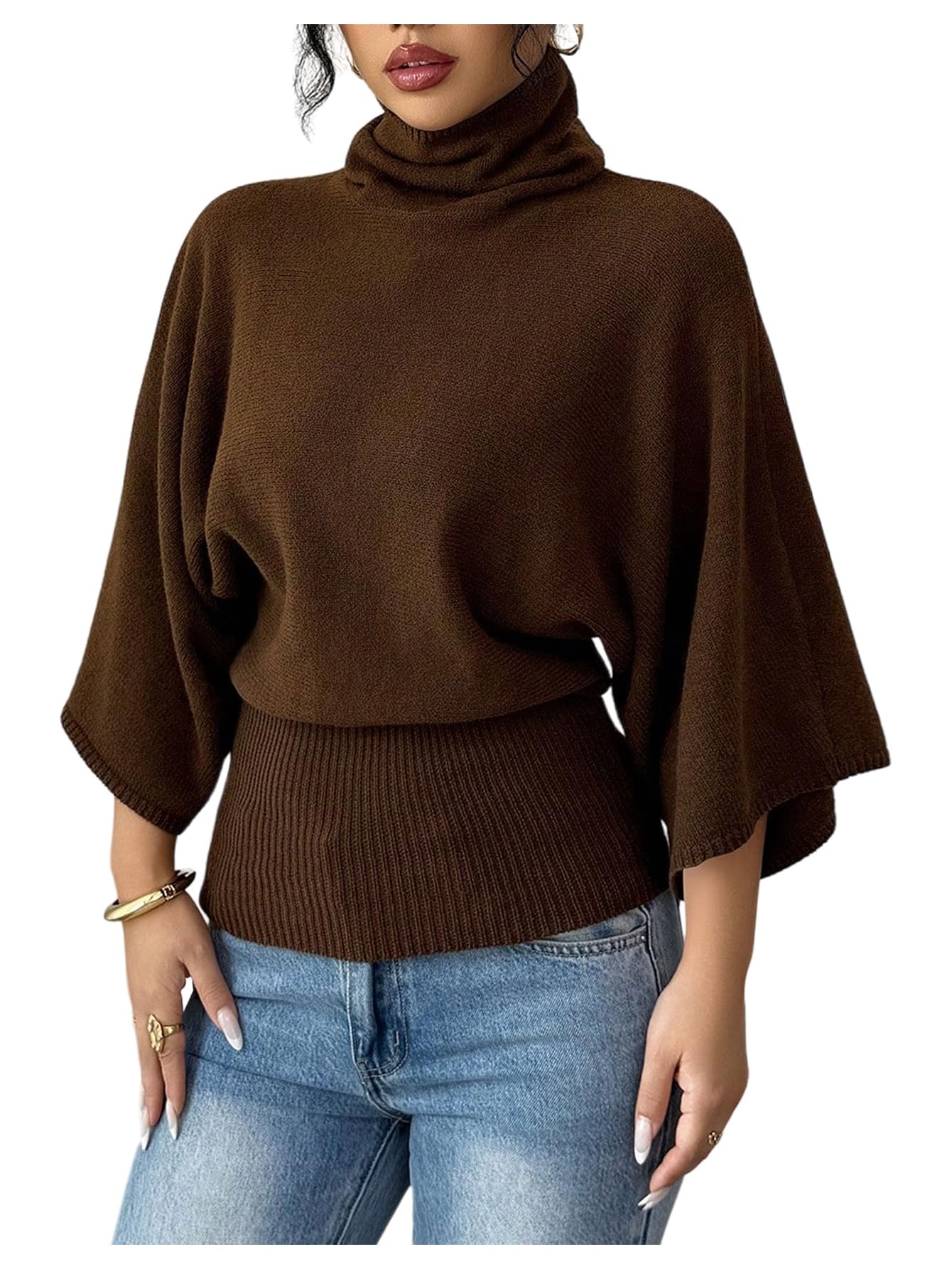 MakeMeChic Womens Turtleneck High Neck Sweater Retro 3 4 Sleeve Business Knitted Pullover Tops