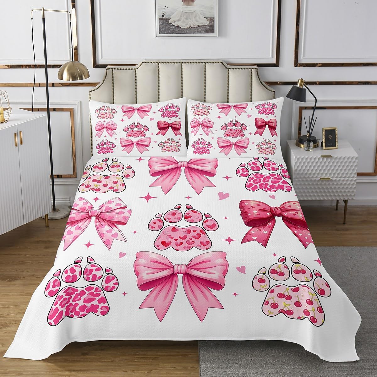 Erosebridal Cute Bowknot Coverlet Set Queen Size,Pink Abstrct Cheetah Bear Bedspread Sets for Girls Loves Wild Animal,Watercolor Cherry Bed Set,Kawaii Dreamy Love Heart Bows Decor