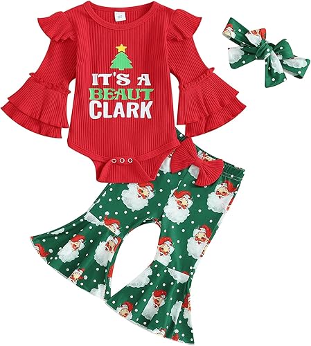 Kuriozud Conjunto de pantalones acampanados para bebé recién nacida, con volantes, lindo conjunto de pantalones acampanados con diadema y ramitas