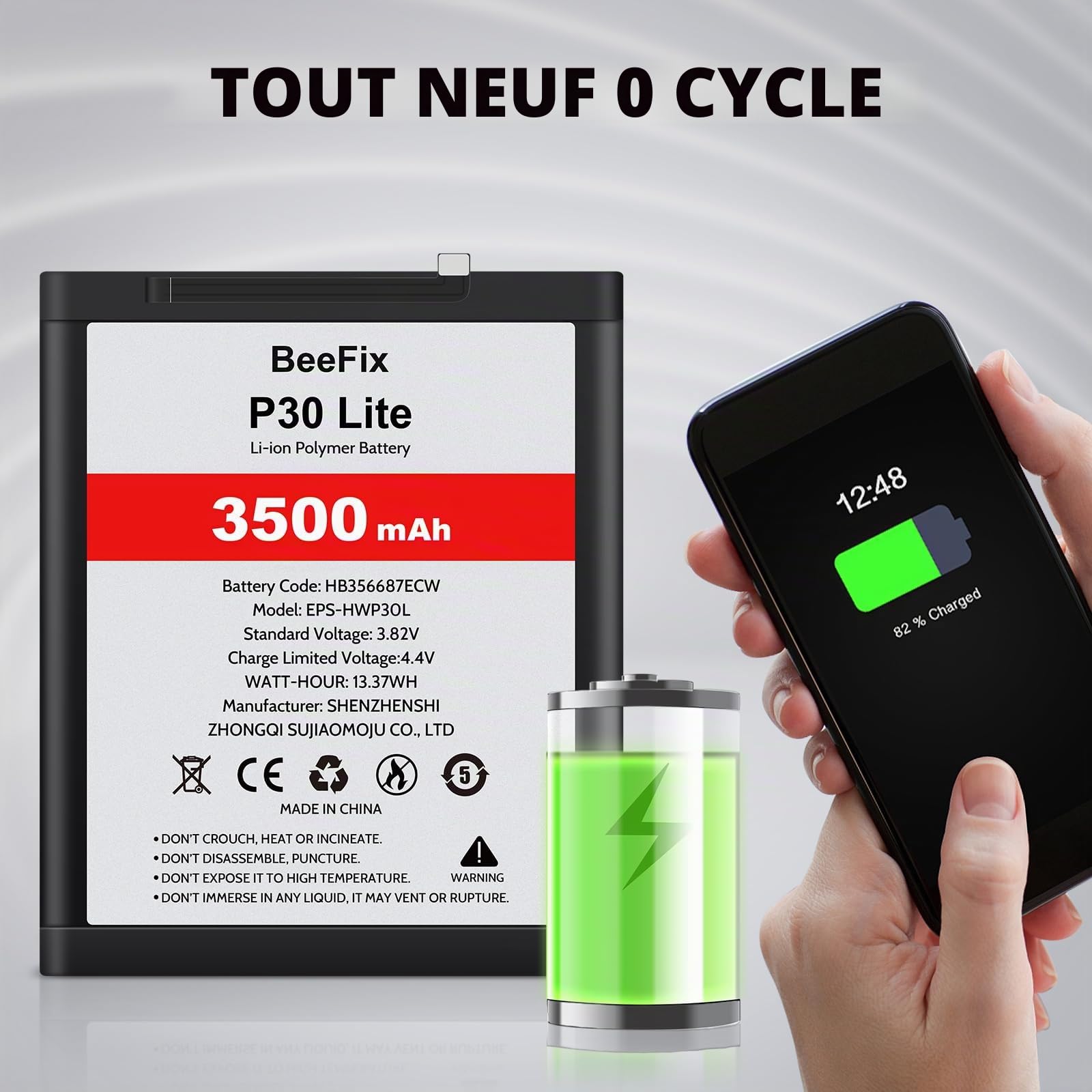 Batterie compatible avec P30 Lite/Mate10 Lite (HB356687ECW), batterie de rechange haute capacité Li-ion polymère 3500 mAh avec kit de réparation