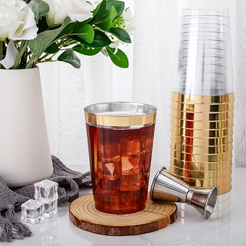 Miniatura 4 de Nervure 120 vasos de plástico dorados  Vasos de plástico con borde dorado de 10 onzas  Vasos desechables dorados resistentes  Vasos de plástico