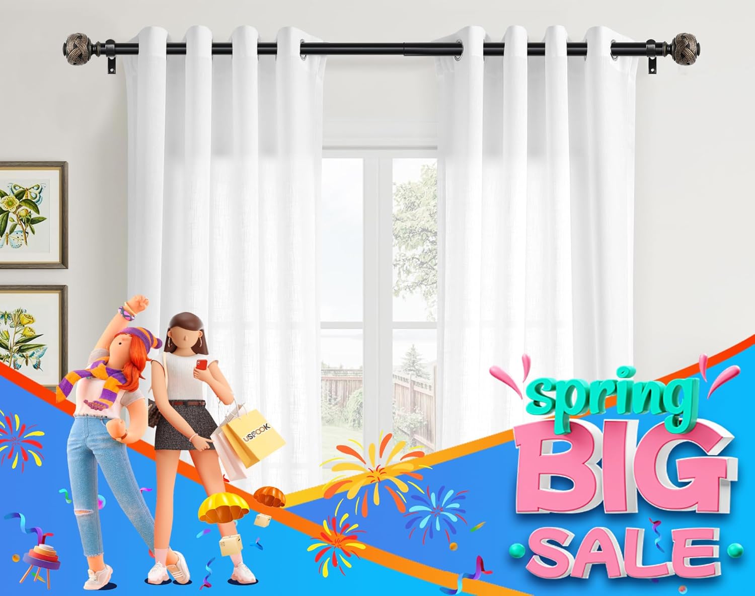2 Pack Curtain Rods for Windows 48 to 84 Inches, USFOOK 7/8 Inch Telescoping Splicing Curtain Rod 32 to 86 Inch, Black Drapery Rod with Leaf Finials