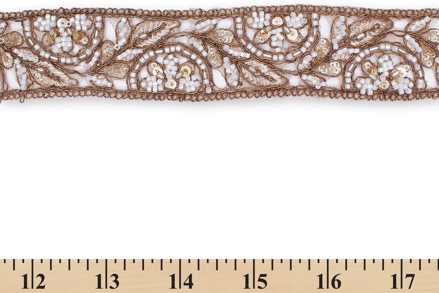 1.75 Inch Floral Beaded Sequined Metallic Corded Embroidery On Mesh Trim for Sewing, Costumes, Crafts, Upholstery, & Décor - Brown 1 Pack (9.8 Yards / 9 Meters)